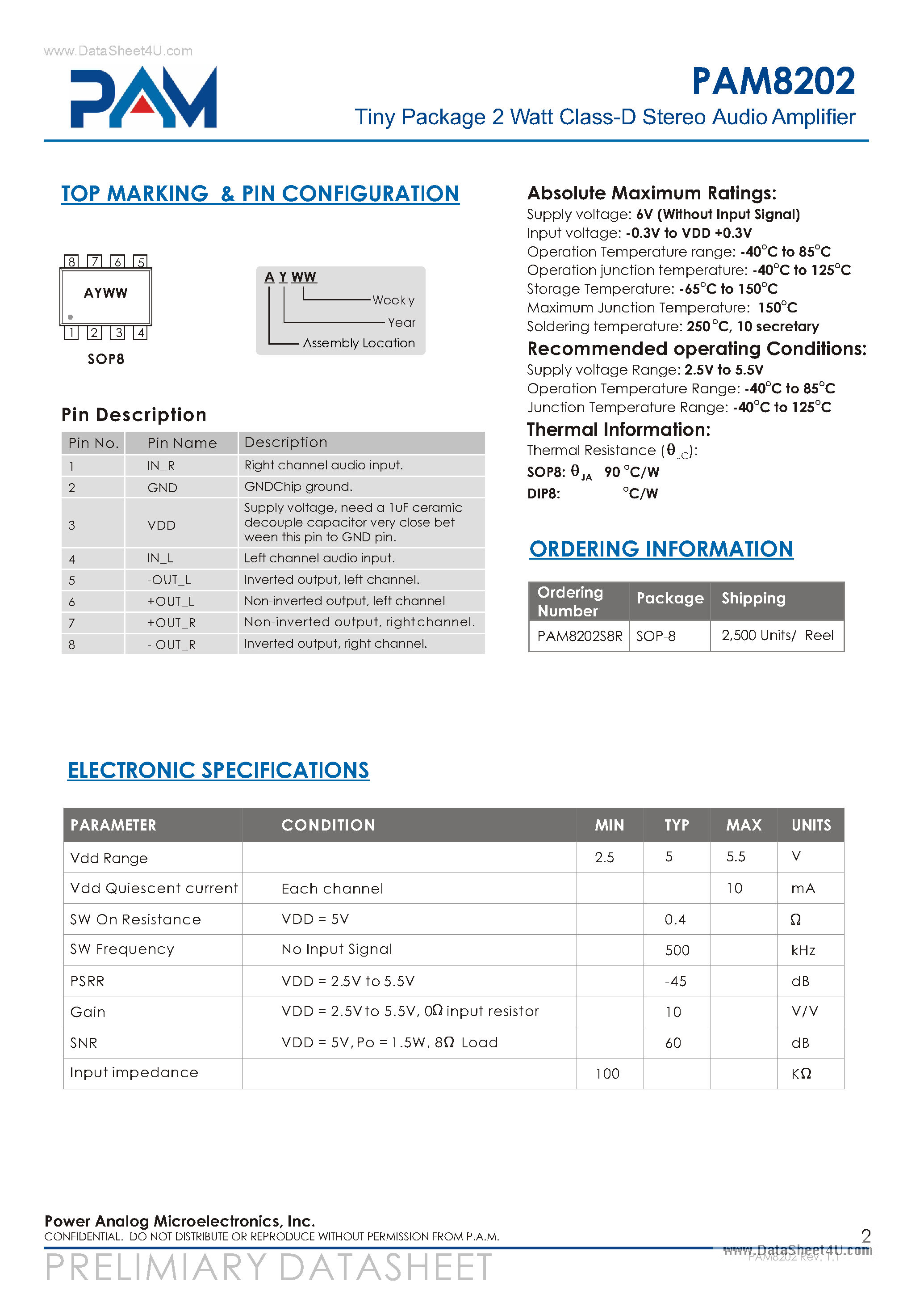 Даташит PAM8202 - Tiny Package 2 Watt Class-D Stereo Audio Amplifier страница 2