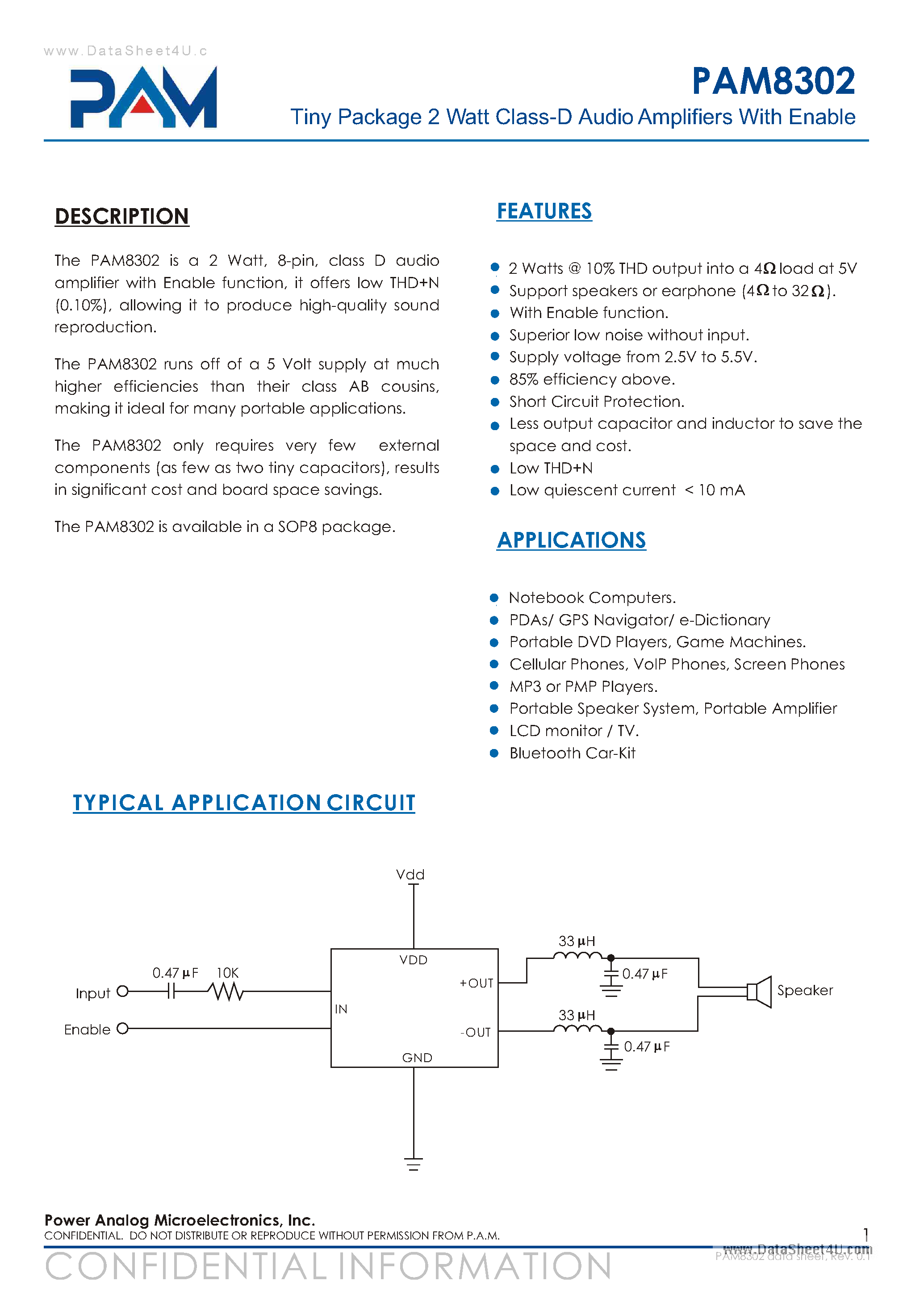 Даташит PAM8302 - Tiny Package 2 Watt Class-D Audio Amplifiers страница 1