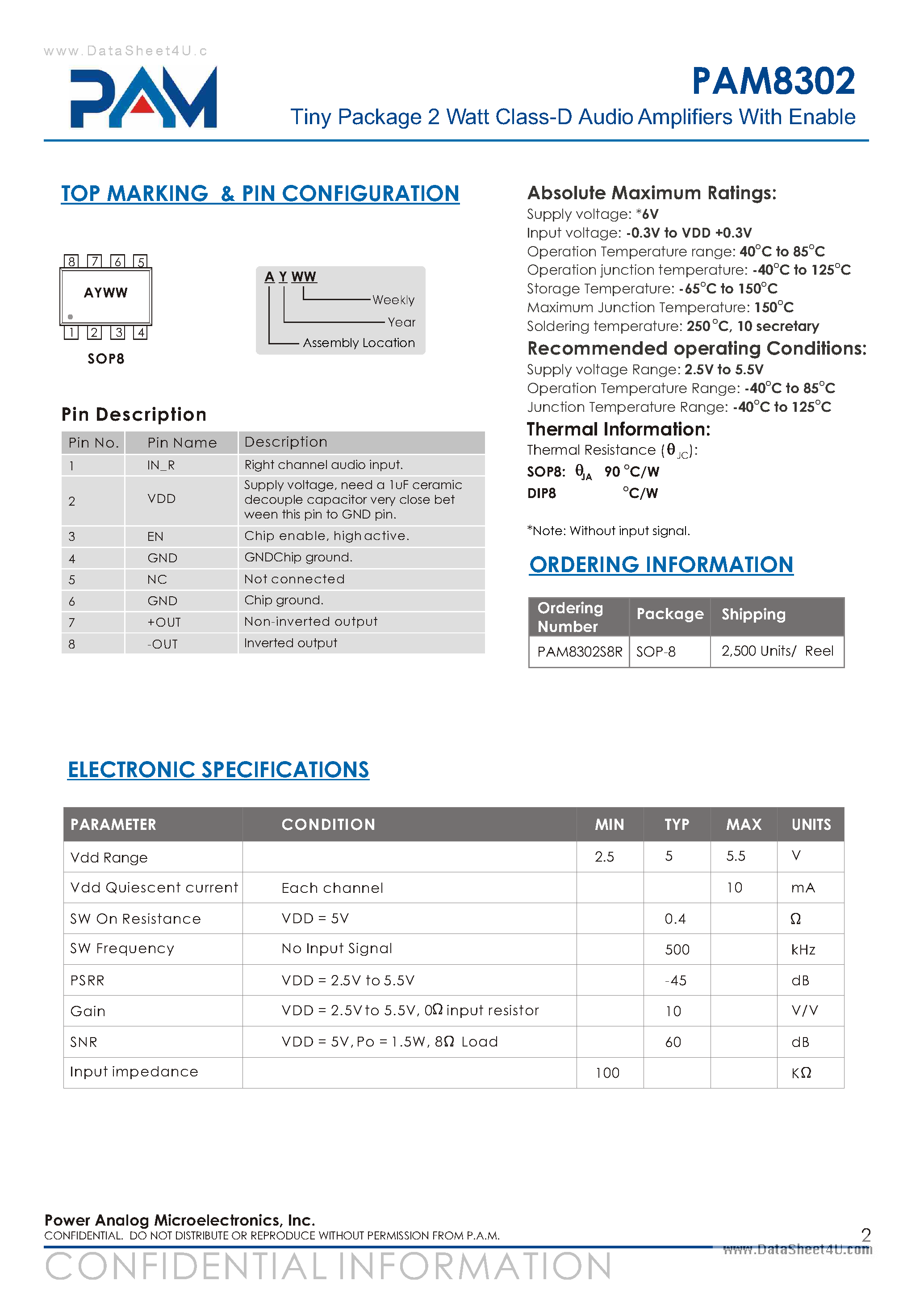 Даташит PAM8302 - Tiny Package 2 Watt Class-D Audio Amplifiers страница 2