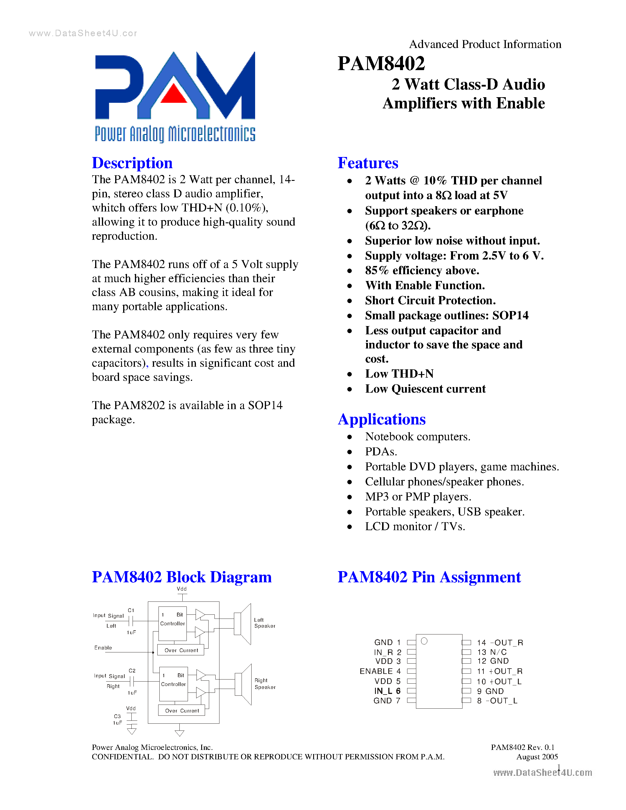 Даташит PAM8402 - 2 Watt Class-D Audio Amplifiers страница 1