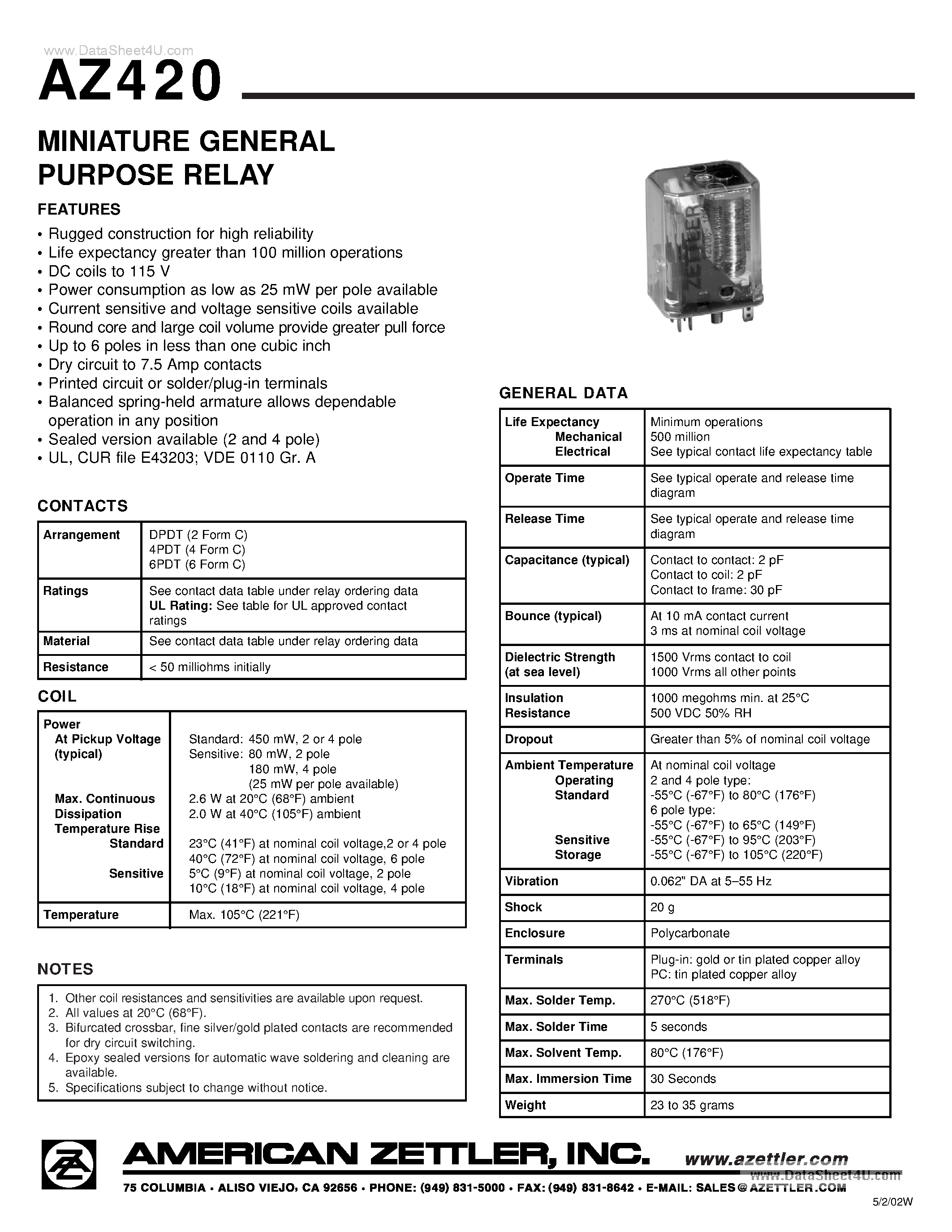 Даташит AZ420 - Miniature General Purpose Relay страница 1