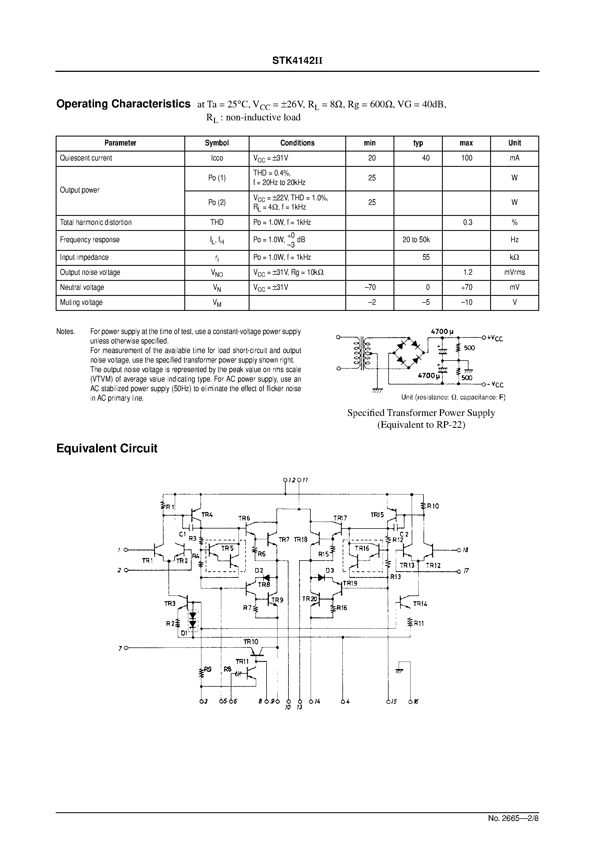 Datasheet STK-4142II - AF Power Amplifier (Split Power Supply) page 2