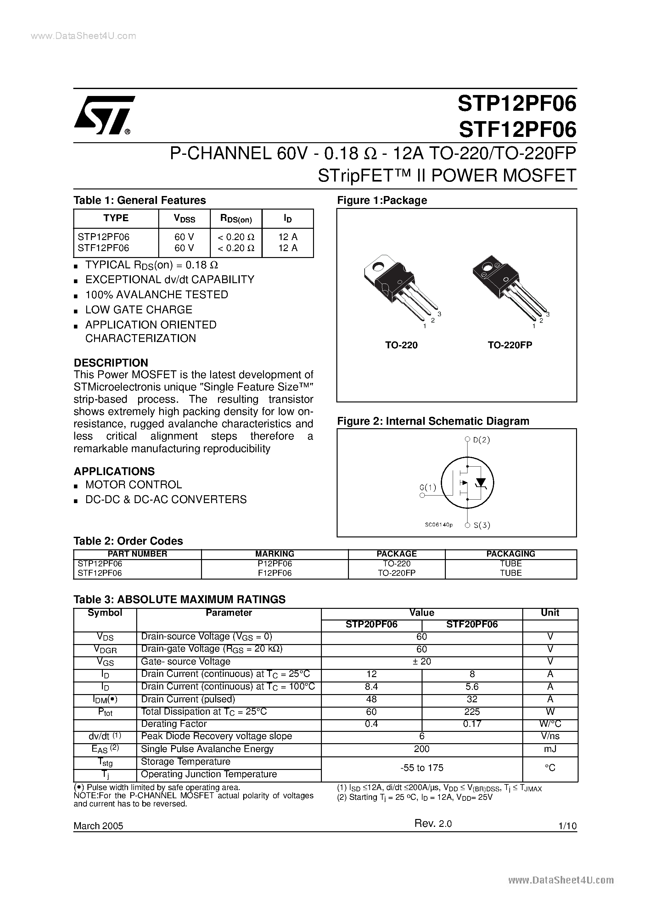 Даташит STF12PF06 - P-CHANNEL POWER MOSFET страница 1