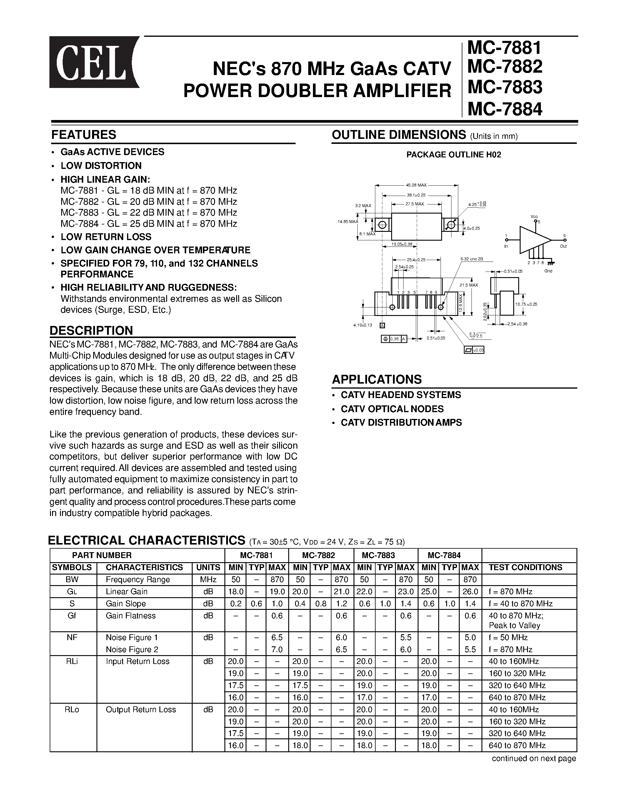 Datasheet MC7881 - NECs 870 MHz GaAs CATV POWER DOUBLER AMPLIFIER page 1