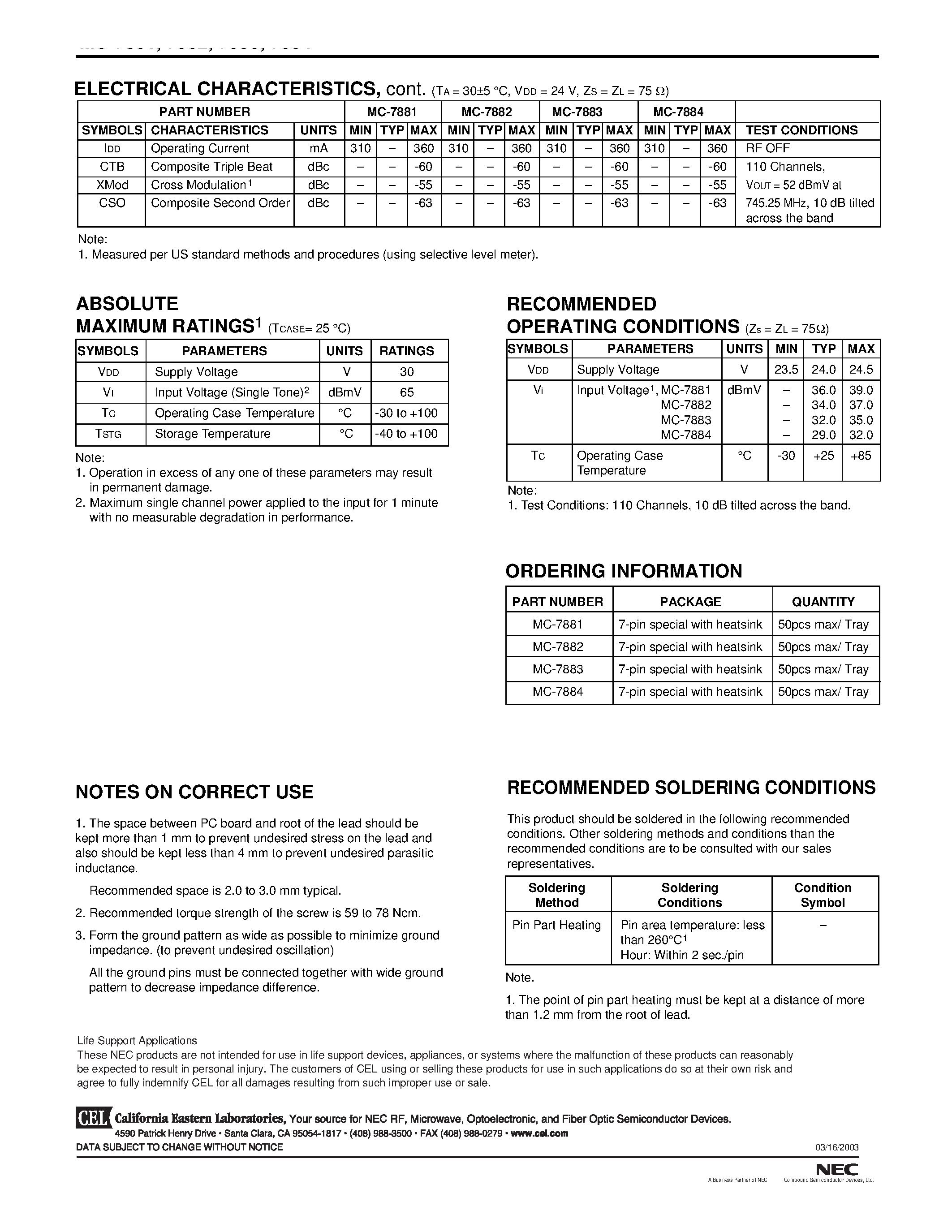 Datasheet MC7881 - NECs 870 MHz GaAs CATV POWER DOUBLER AMPLIFIER page 2