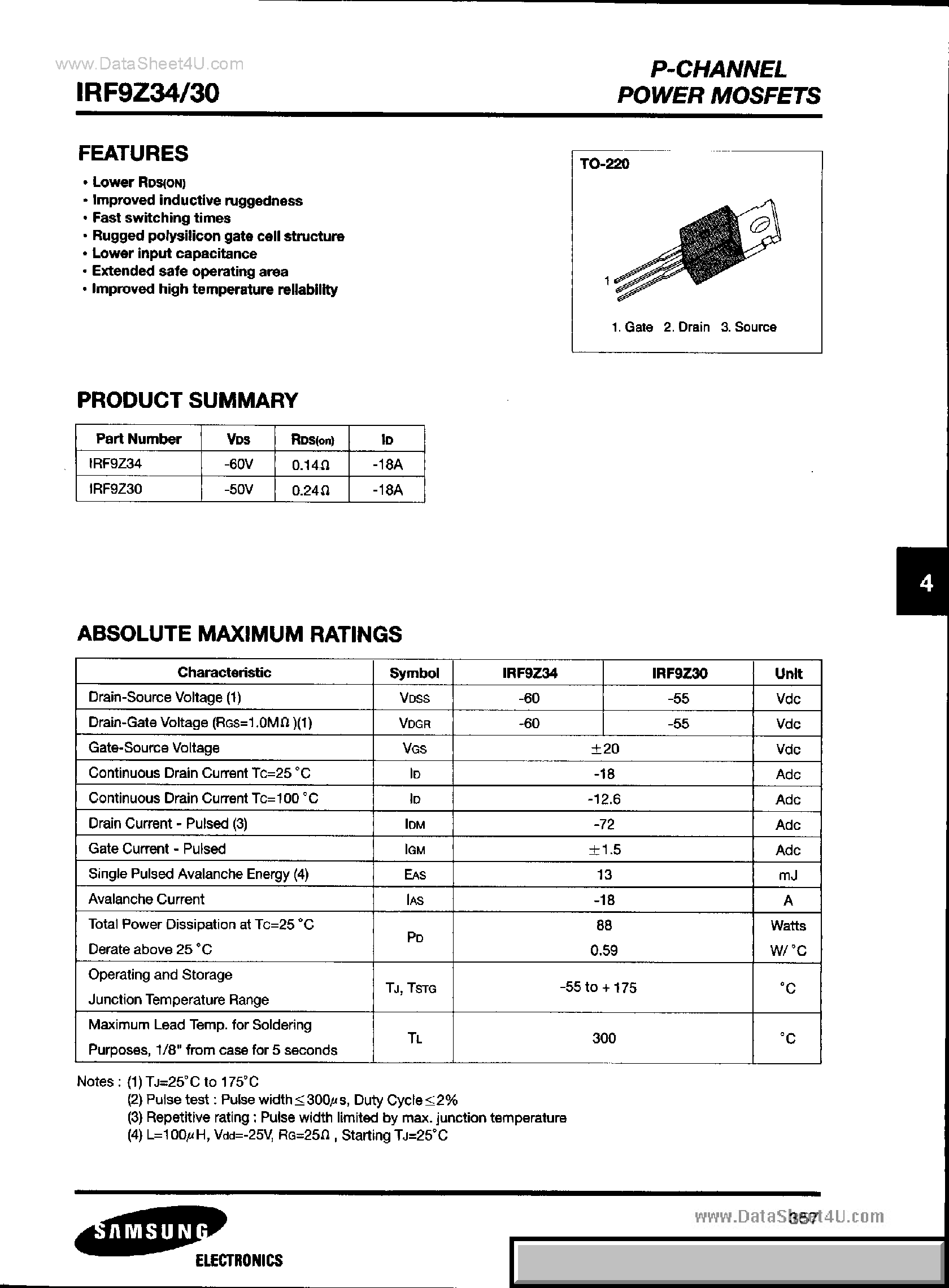 Даташит IRF9Z30 - (IRF9Z30 / IRF9Z34) P-Channel Power MOSFETs страница 1