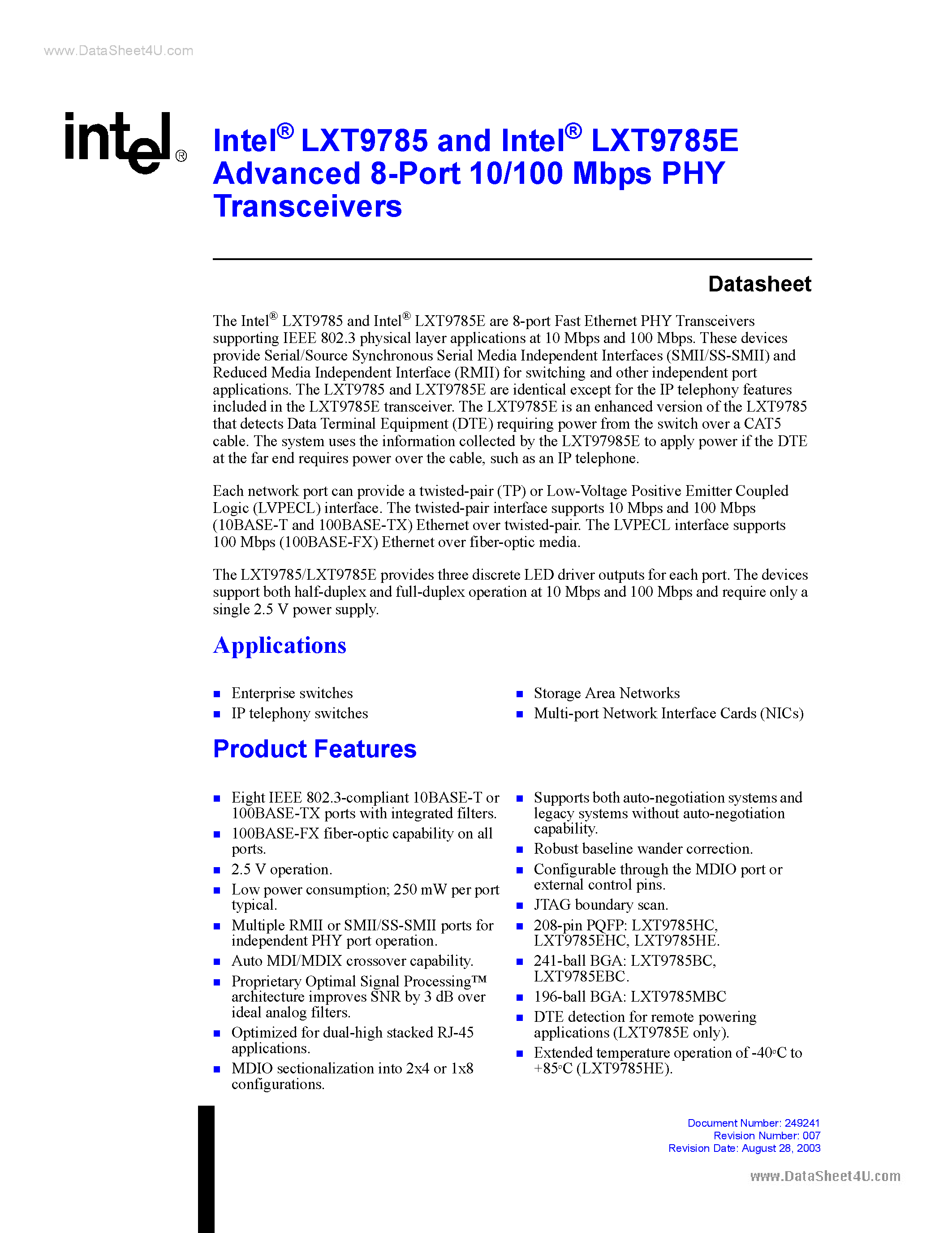 Даташит WBLXT9785 - Advanced 8-Port 10/100 Mbps PHY Transceivers страница 1