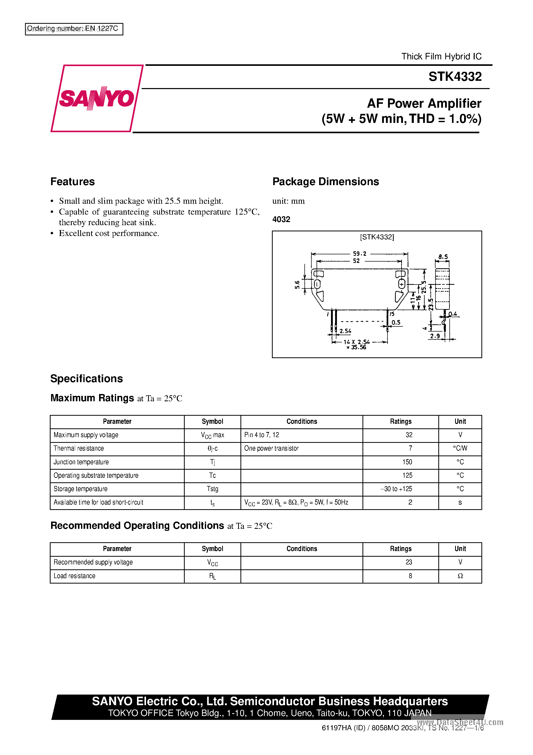 Datasheet STK4332 - AF Power Amplifier page 1