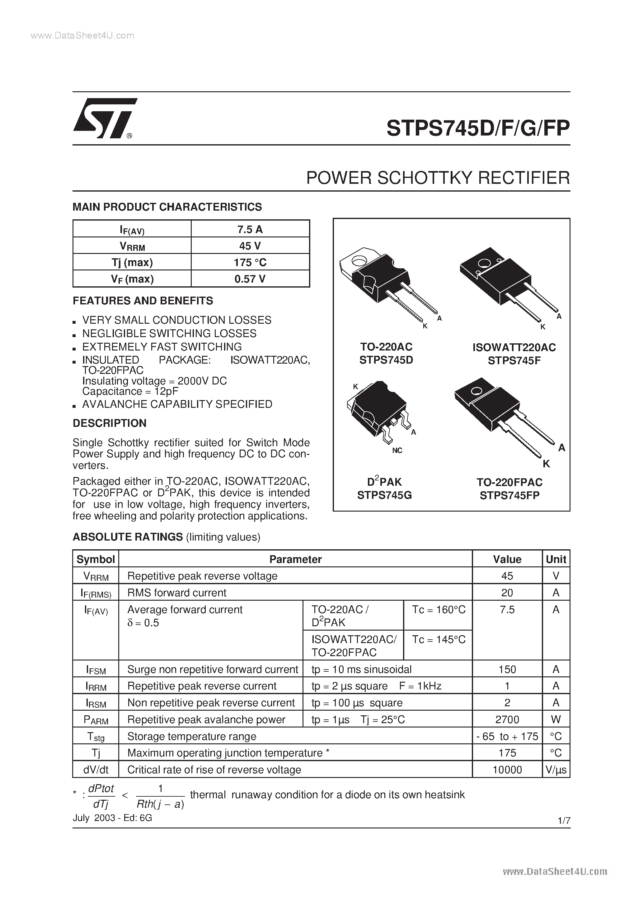 Datasheet STPS745D - (STPS745x) POWER SCHOTTKY RECTIFIER page 1