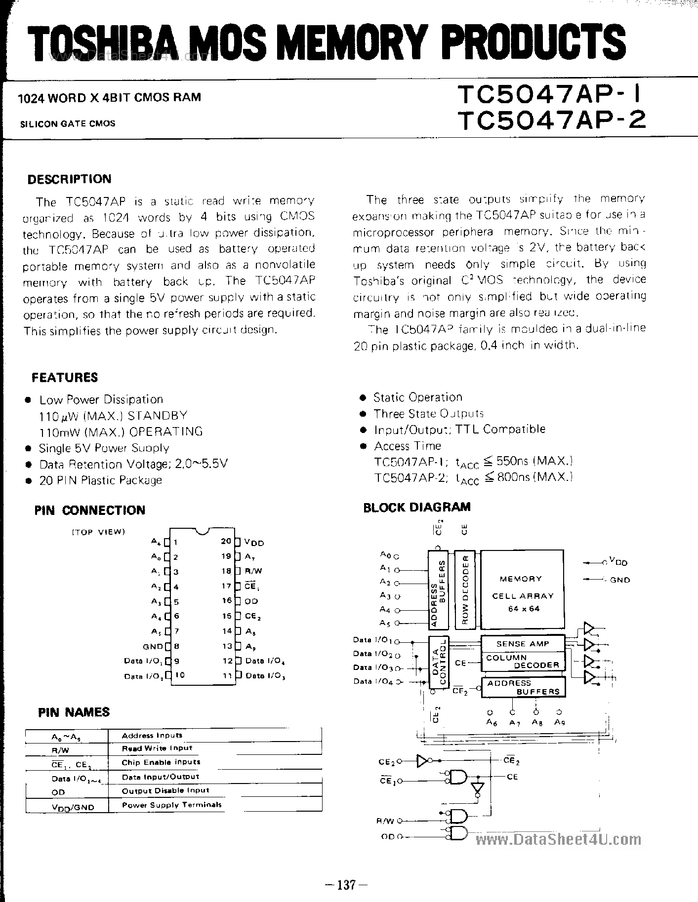 Datasheet TC5047AP-1 - (TC5047AP-1/-2) 1024 Word X 4-Bit CMOS RAM page 1