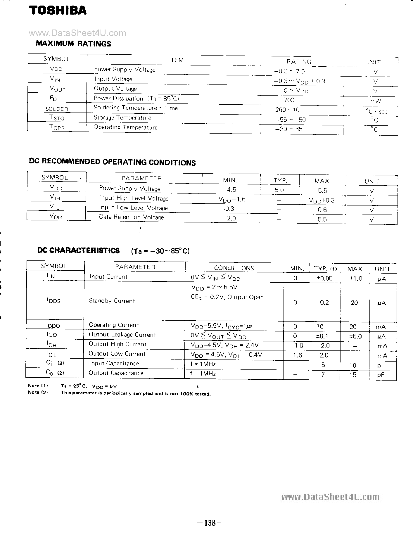 Datasheet TC5047AP-1 - (TC5047AP-1/-2) 1024 Word X 4-Bit CMOS RAM page 2