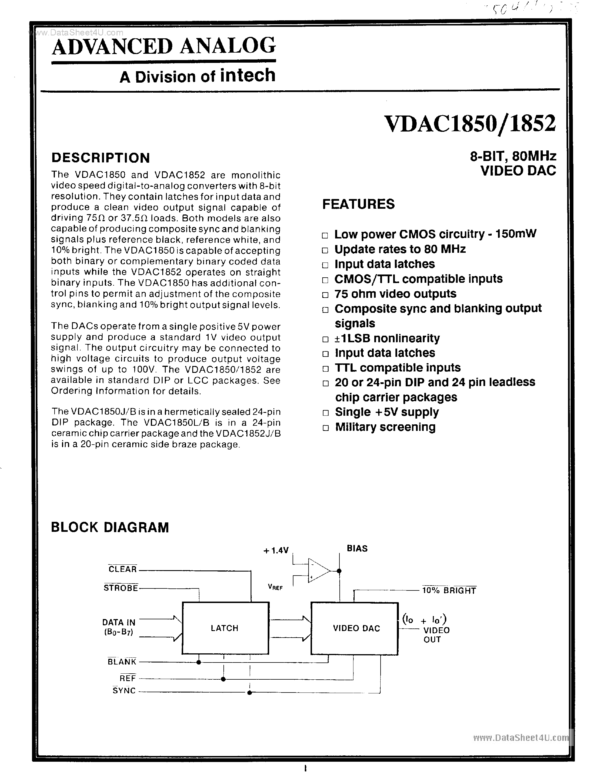 Даташит VDAC1850 - (VDAC1850 / VDAC1852) 8-Bit Video DAC страница 1