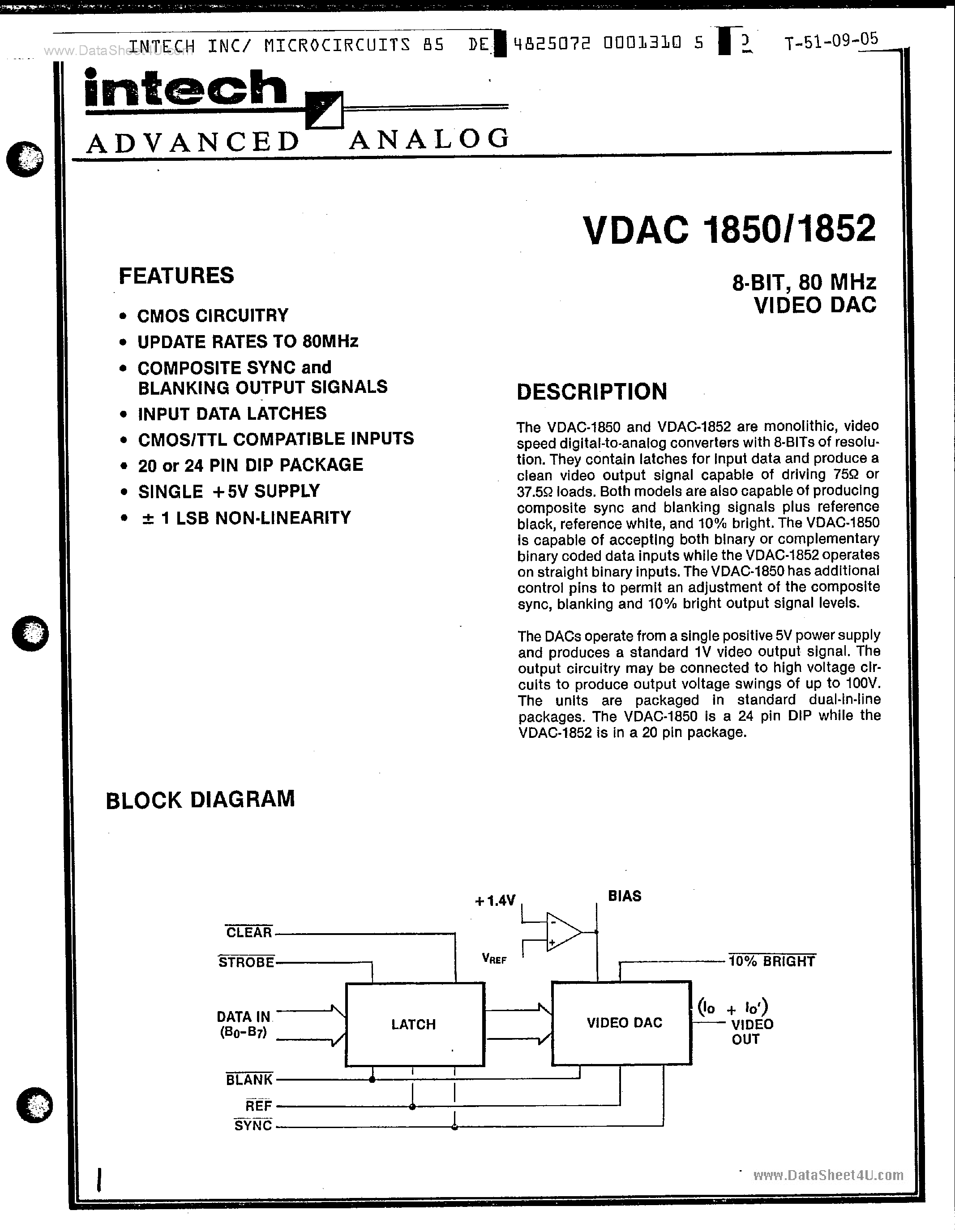 Даташит VDAC1850 - (VDAC1850 / VDAC1852) 8-Bit Video Dac страница 1