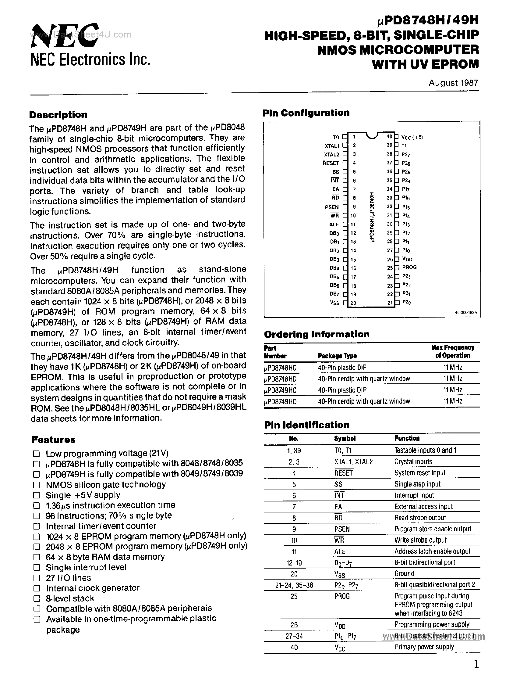 Даташит UPD8748H - (UPD8748H / UPD8749H) 8-Bit NMOS Microcomputer страница 1