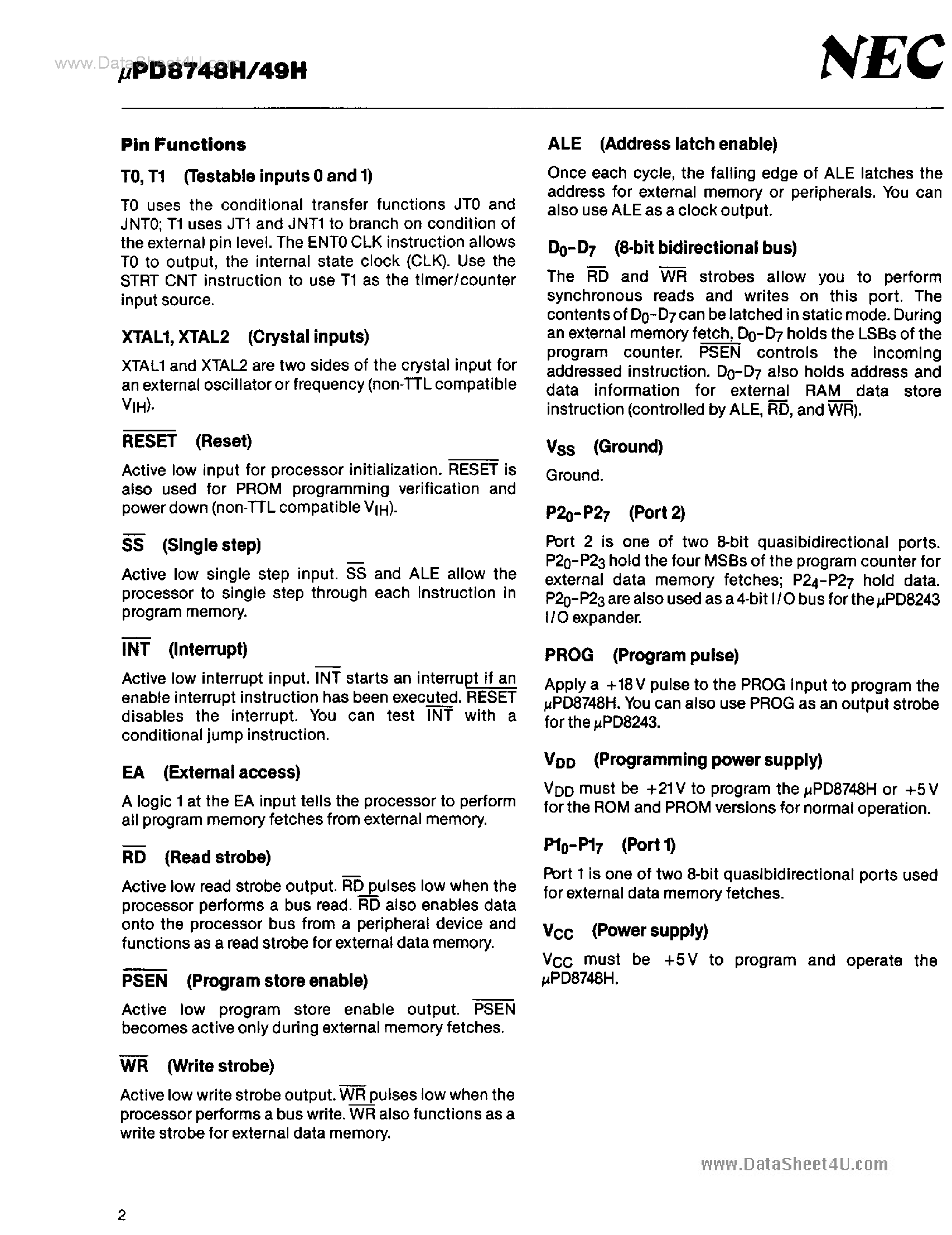 Даташит UPD8748H - (UPD8748H / UPD8749H) 8-Bit NMOS Microcomputer страница 2