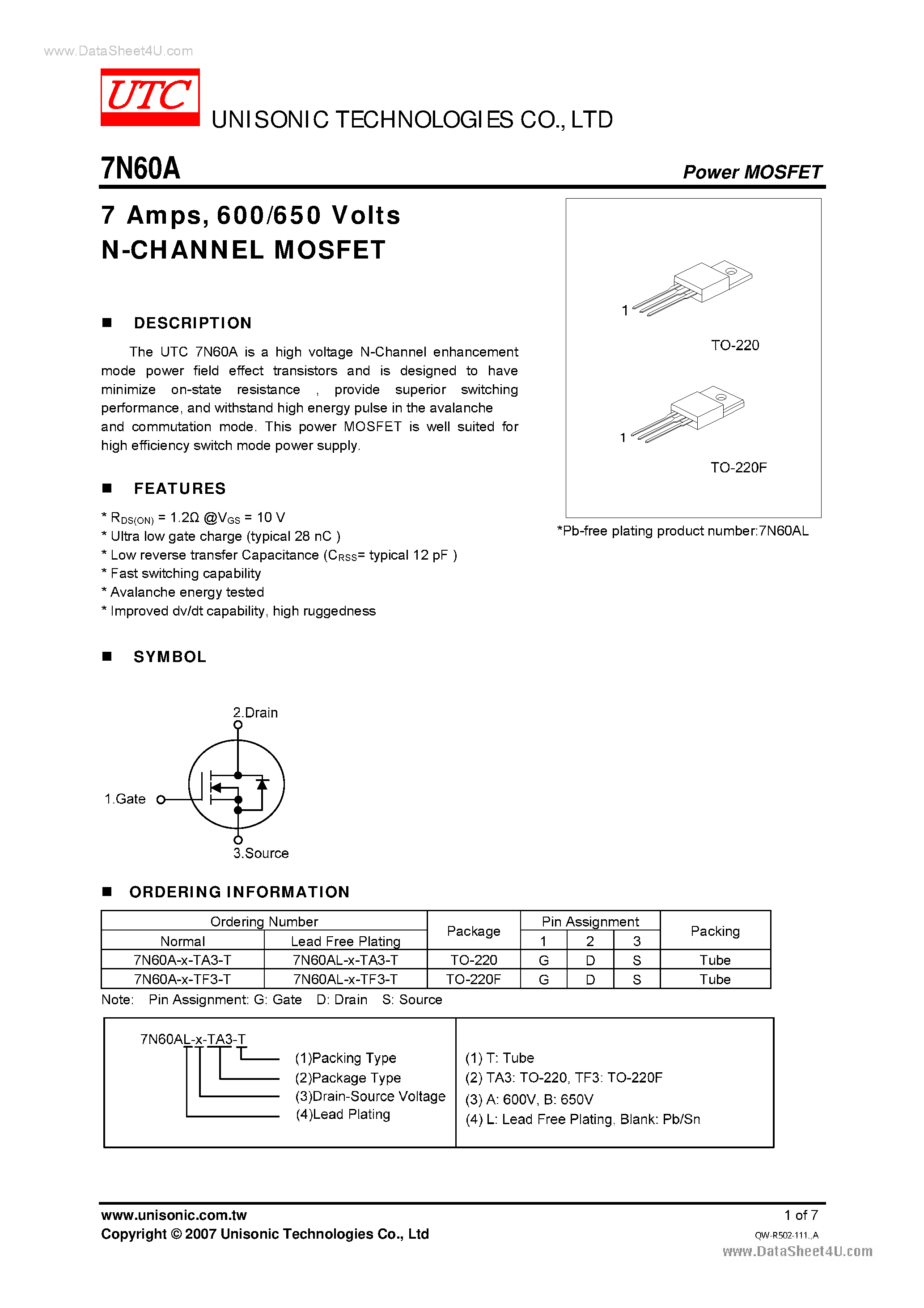 Даташит 7N60A - 600/650 Volts N-CHANNEL MOSFET страница 1