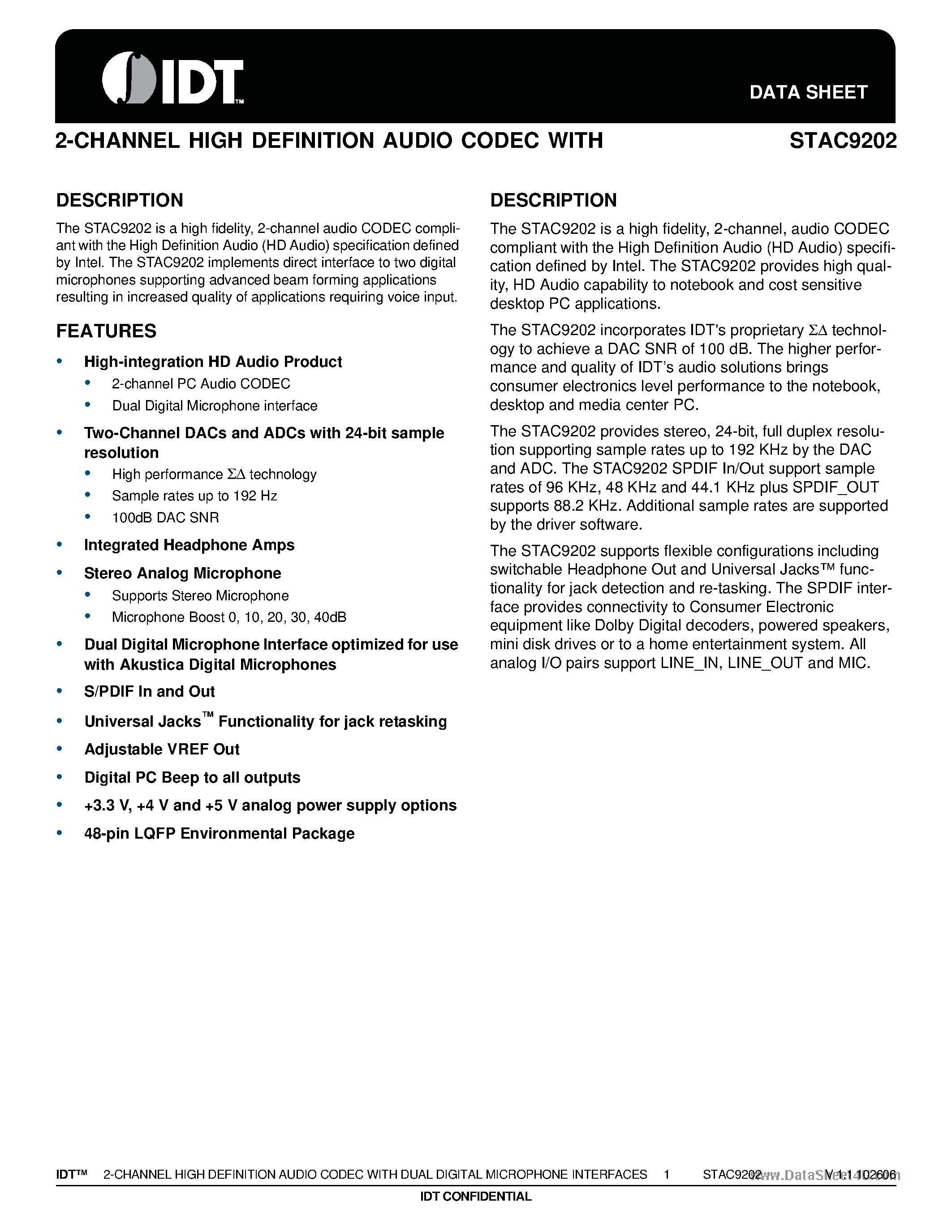 Даташит STAC9202 - 2-CHANNEL HIGH DEFINITION AUDIO CODEC страница 1