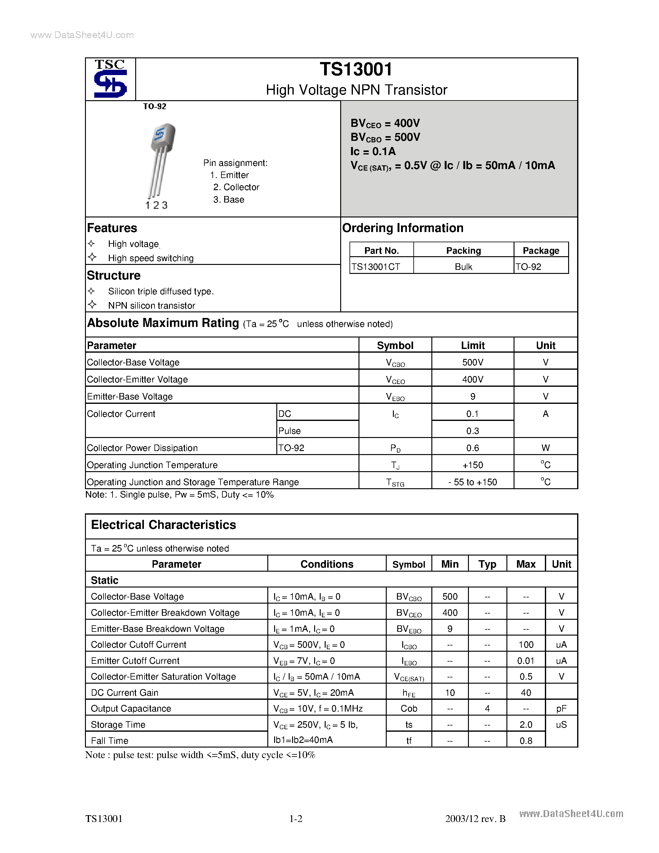 Даташит TS13001 - High Voltage NPN Transistor страница 1