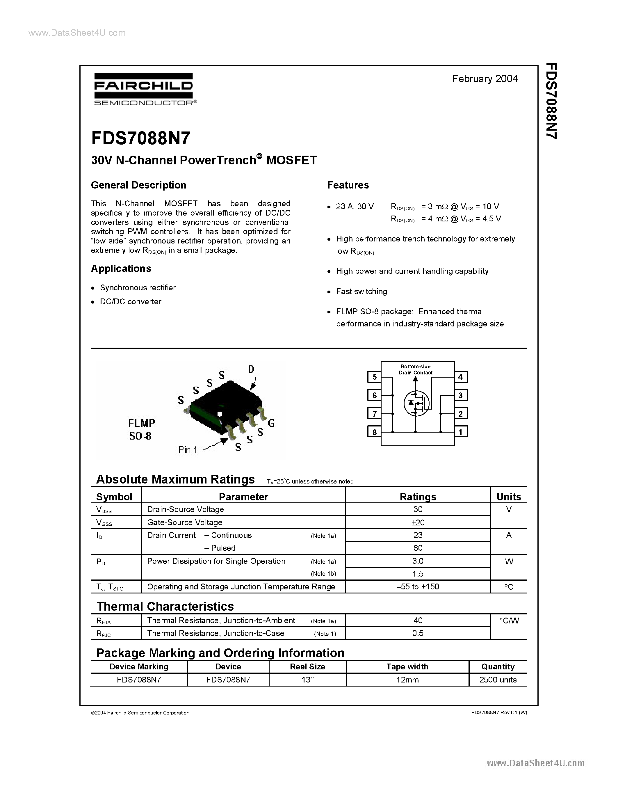 Даташит FDS7088N7 - 30V N-Channel PowerTrench MOSFET страница 1