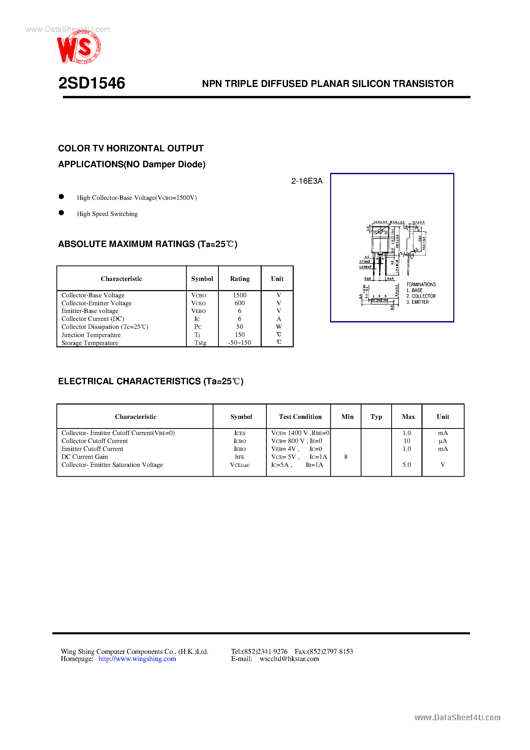 Datasheet D1546 - Search -----> 2SD1546 page 1