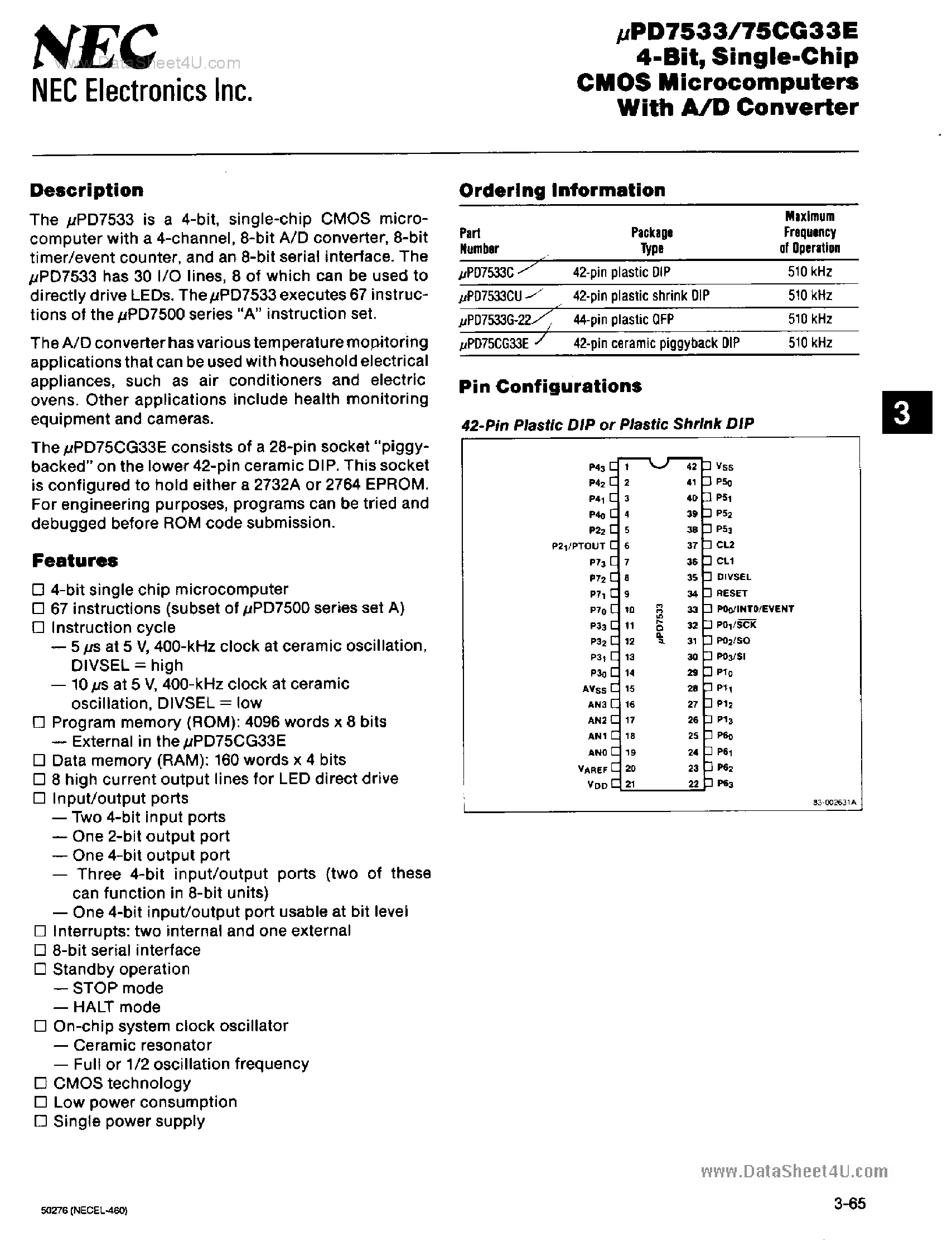 Datasheet UPD7533 - 4-Bit Single-Chip CMOS Microcomputers page 1