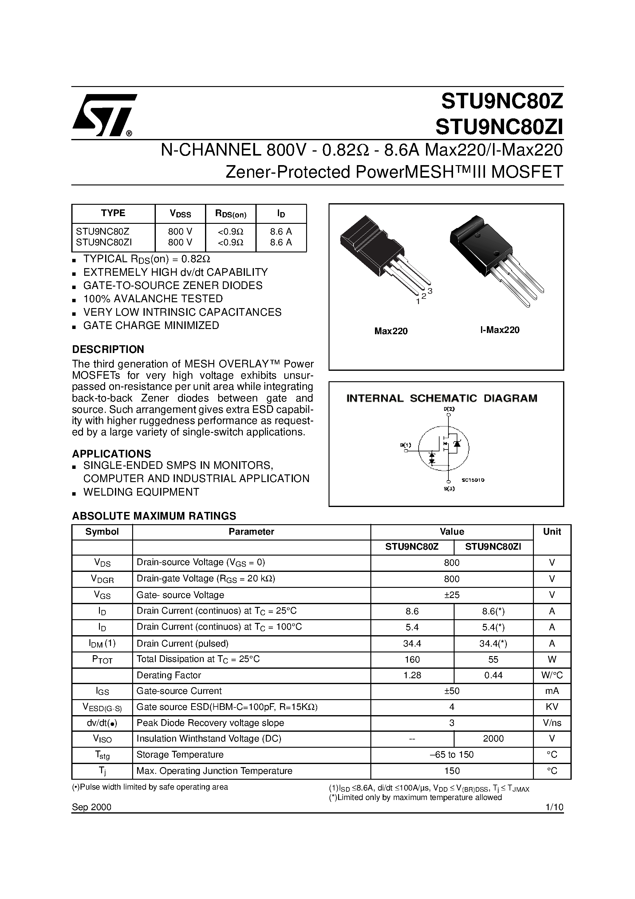 Даташит STU9NC80Z - N-CHANNEL 800V - 0.82ohm страница 1