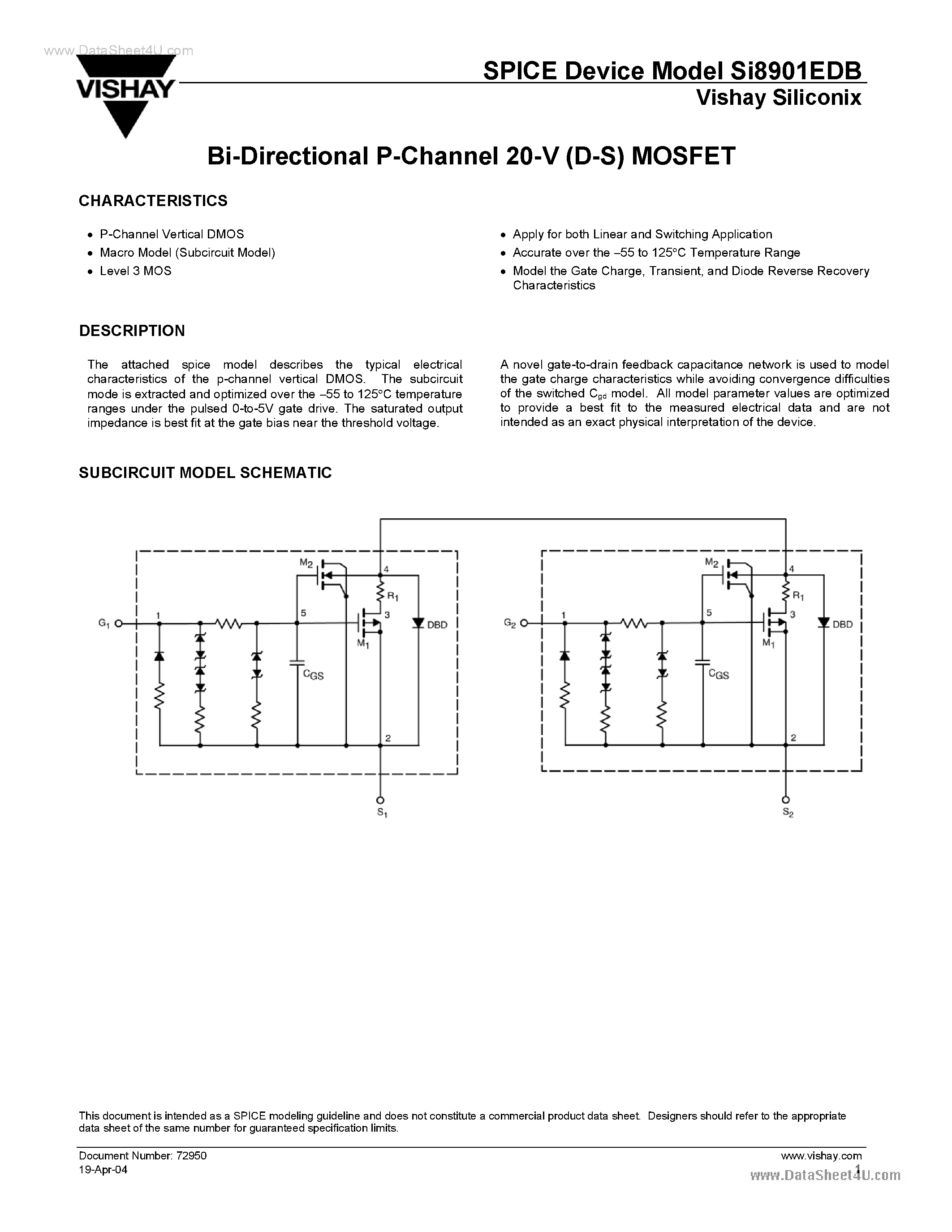 Даташит SI8901EDB - Bi-Directional P-Channel 20-V (D-S) MOSFET страница 1