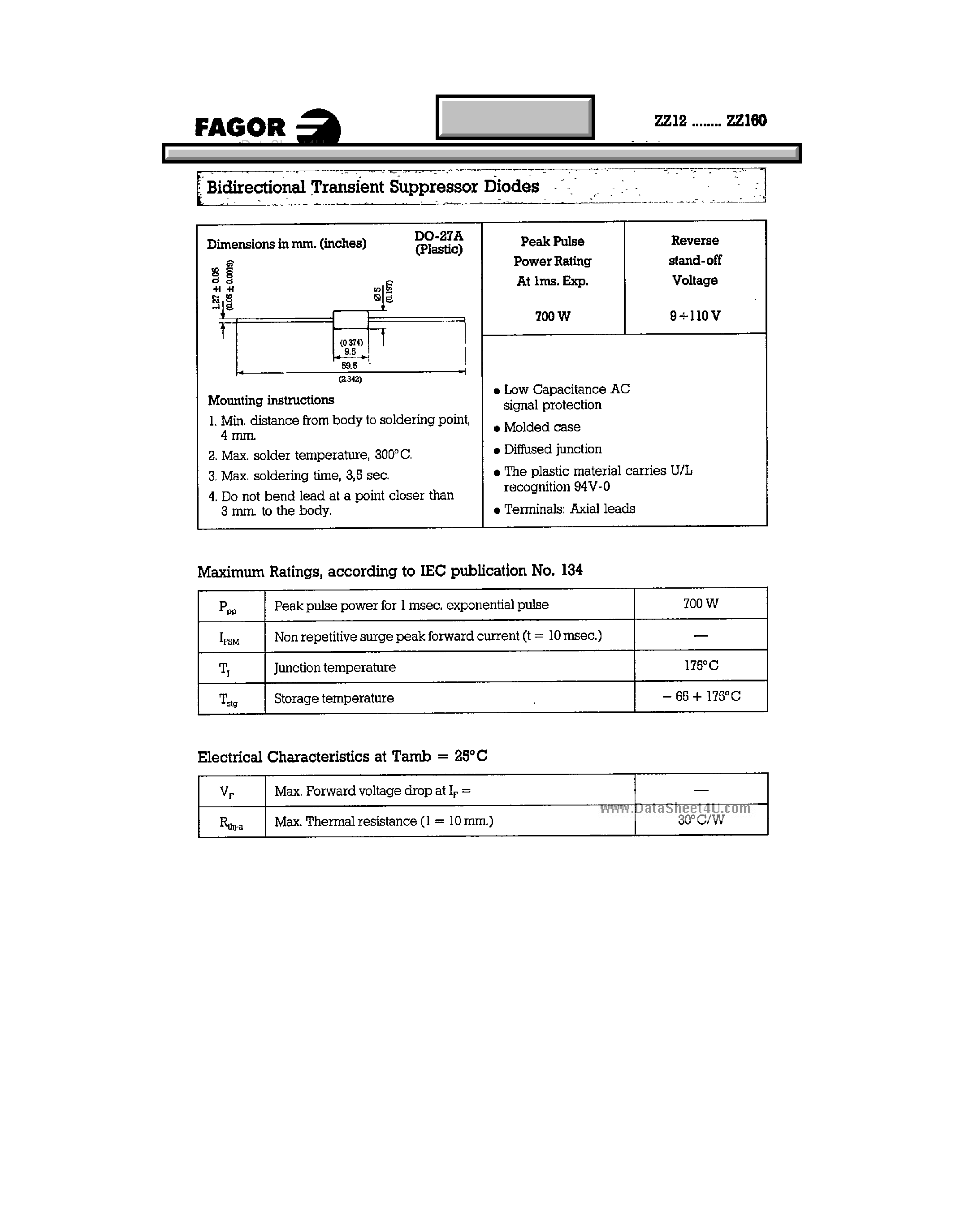 Даташит ZZ91 - Bidirectional Transient Suppressor Diodes страница 1