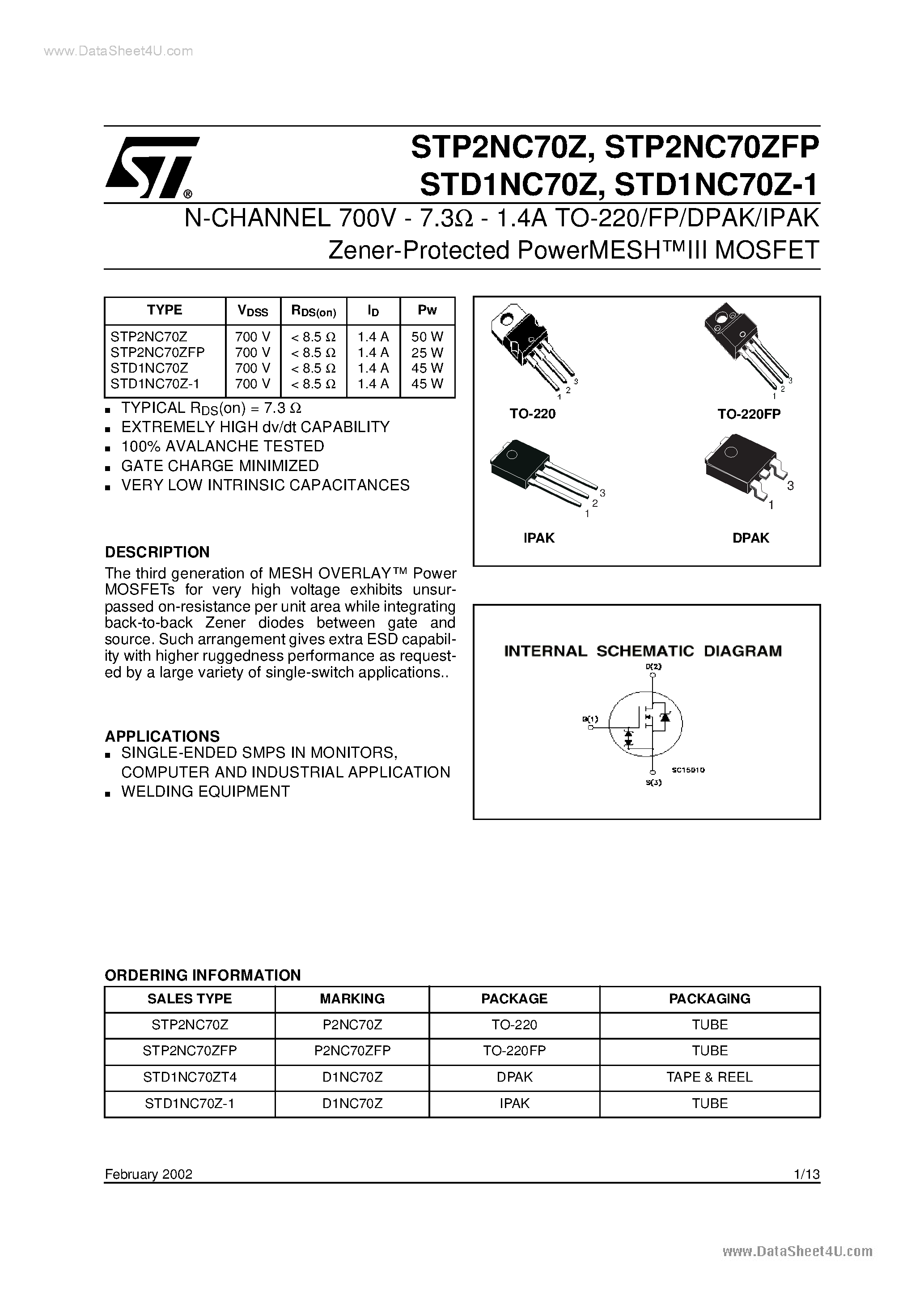 Даташит STP2NC70Z - N-CHANNEL MOSFET страница 1