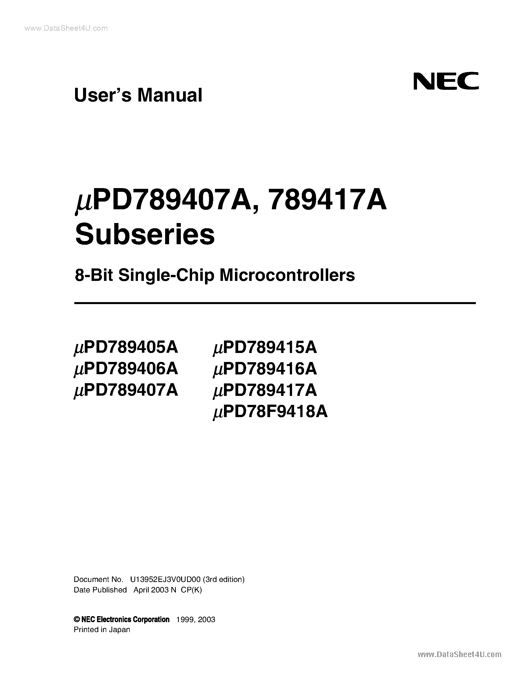 Даташит UPD78F9405A - (UPD7894xxA) 8-Bit Single Chip Microcontrollers страница 1