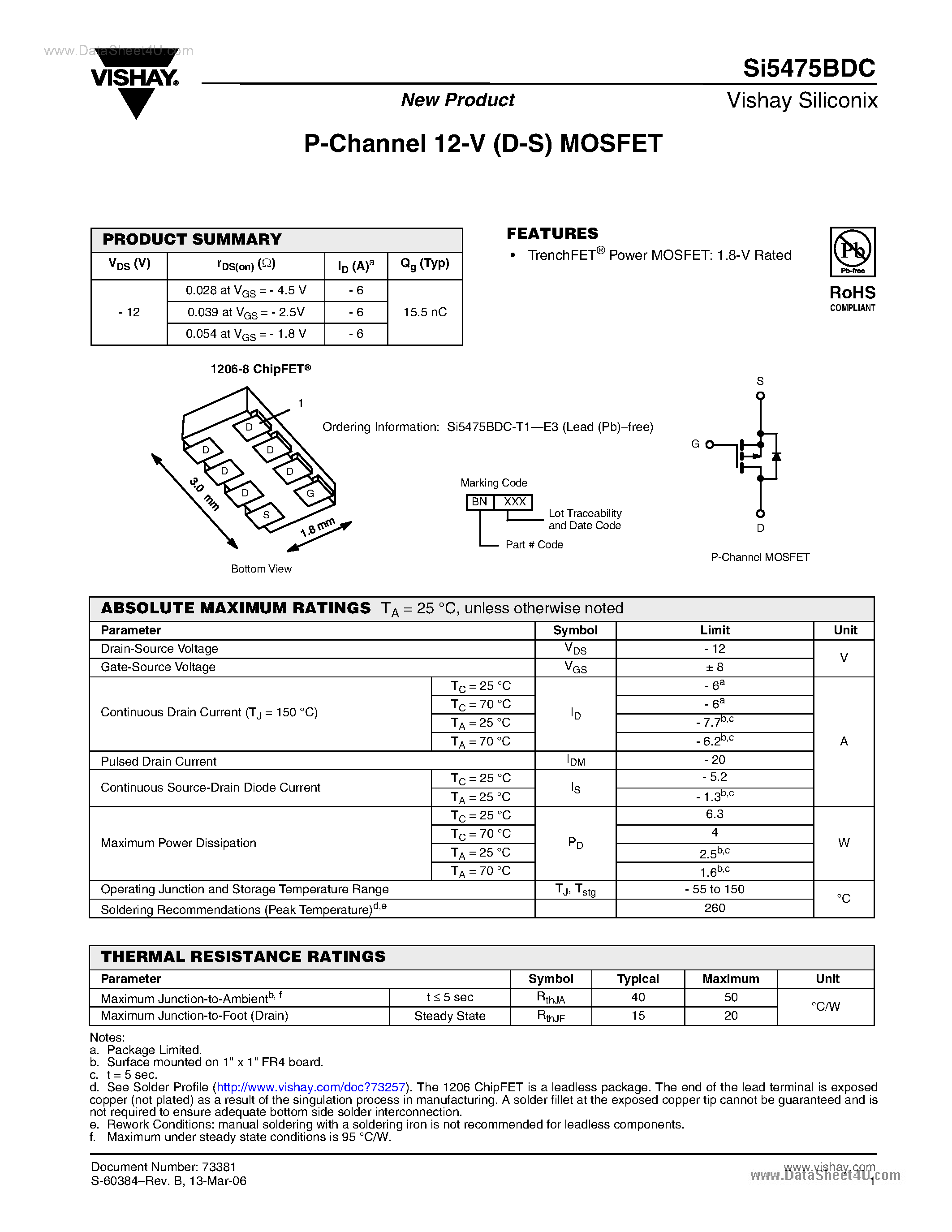 Даташит SI5475BDC - P-Channel MOSFET страница 1