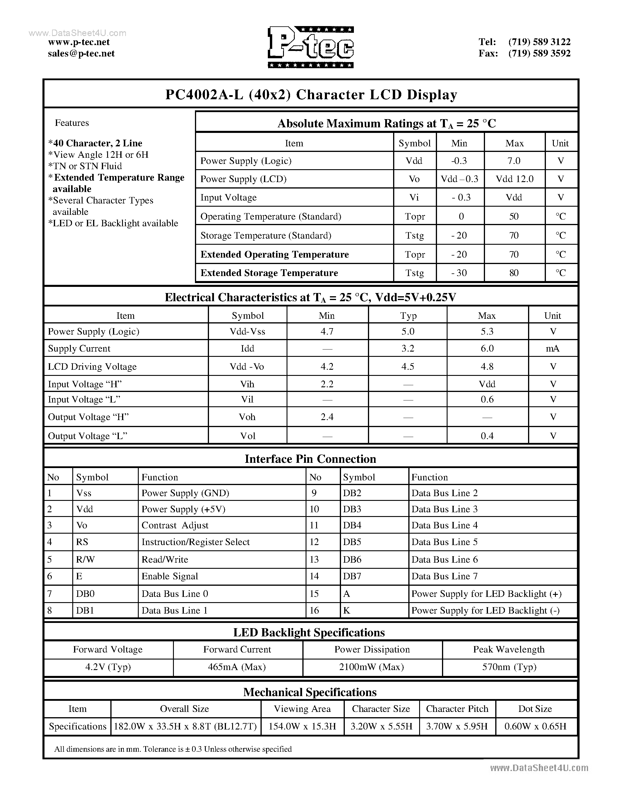 Datasheet PC4002A-L - 40 X 2 Character LCD Display page 1