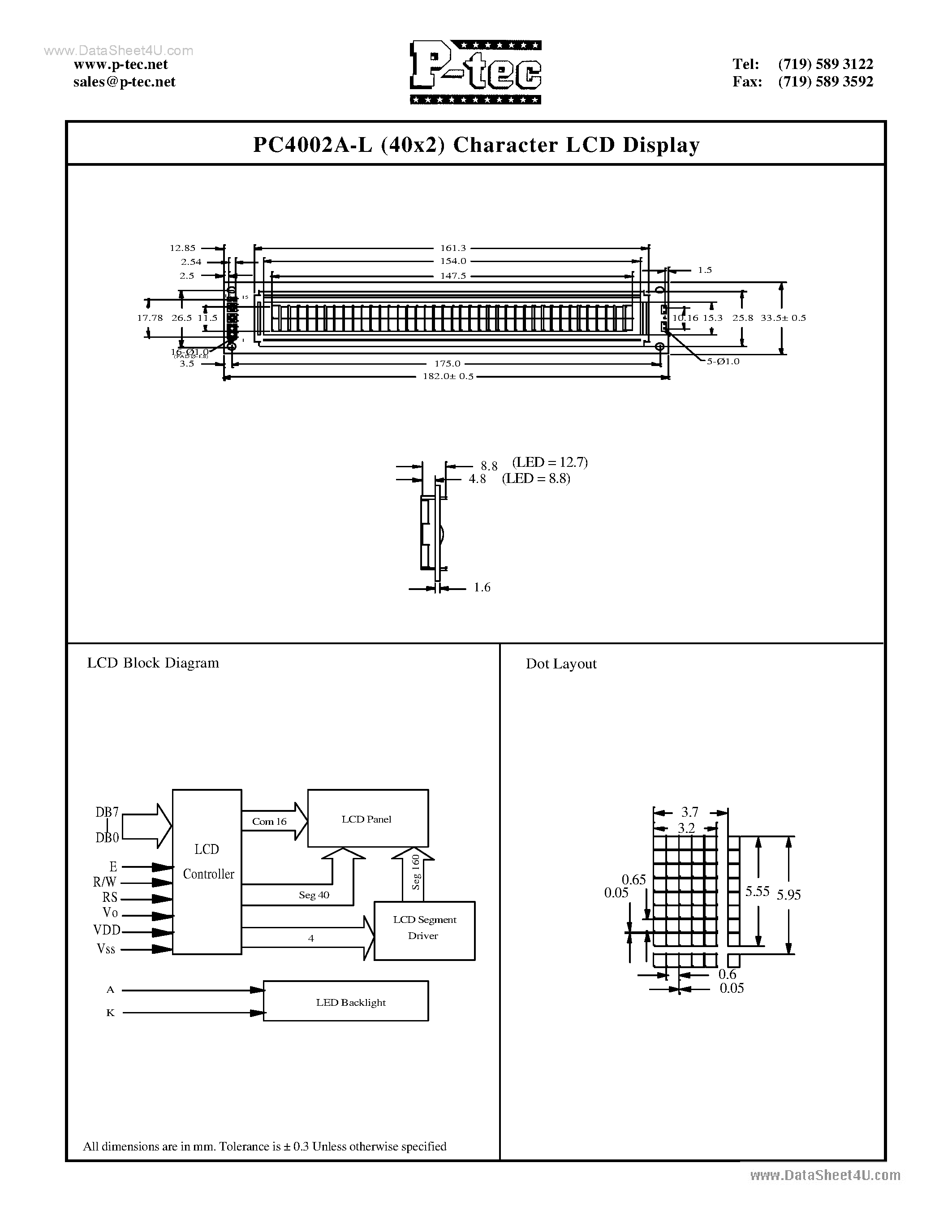 Datasheet PC4002A-L - 40 X 2 Character LCD Display page 2