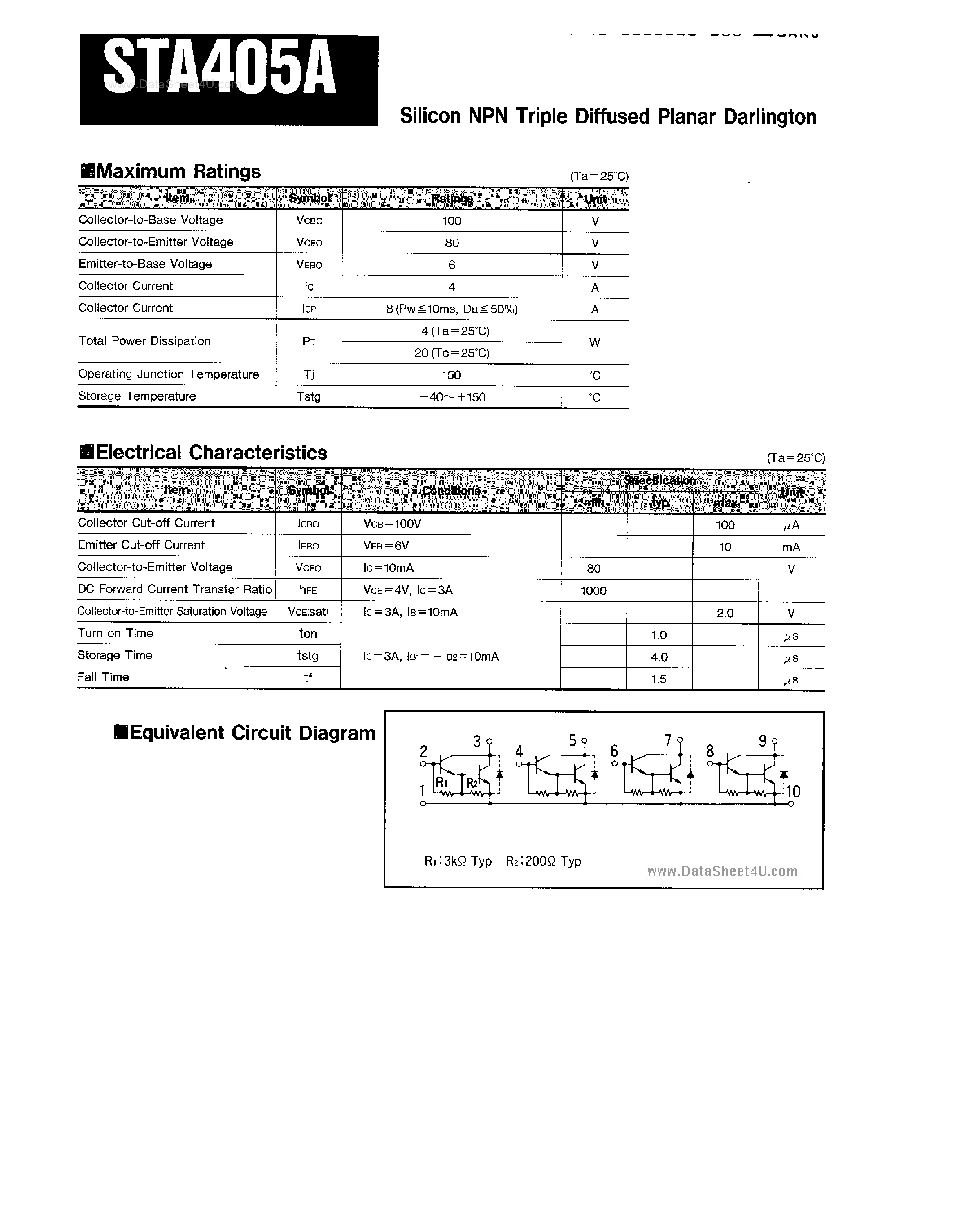 Даташит STA405A - Silicon NPN Triple Diffused Planar Darlington страница 1