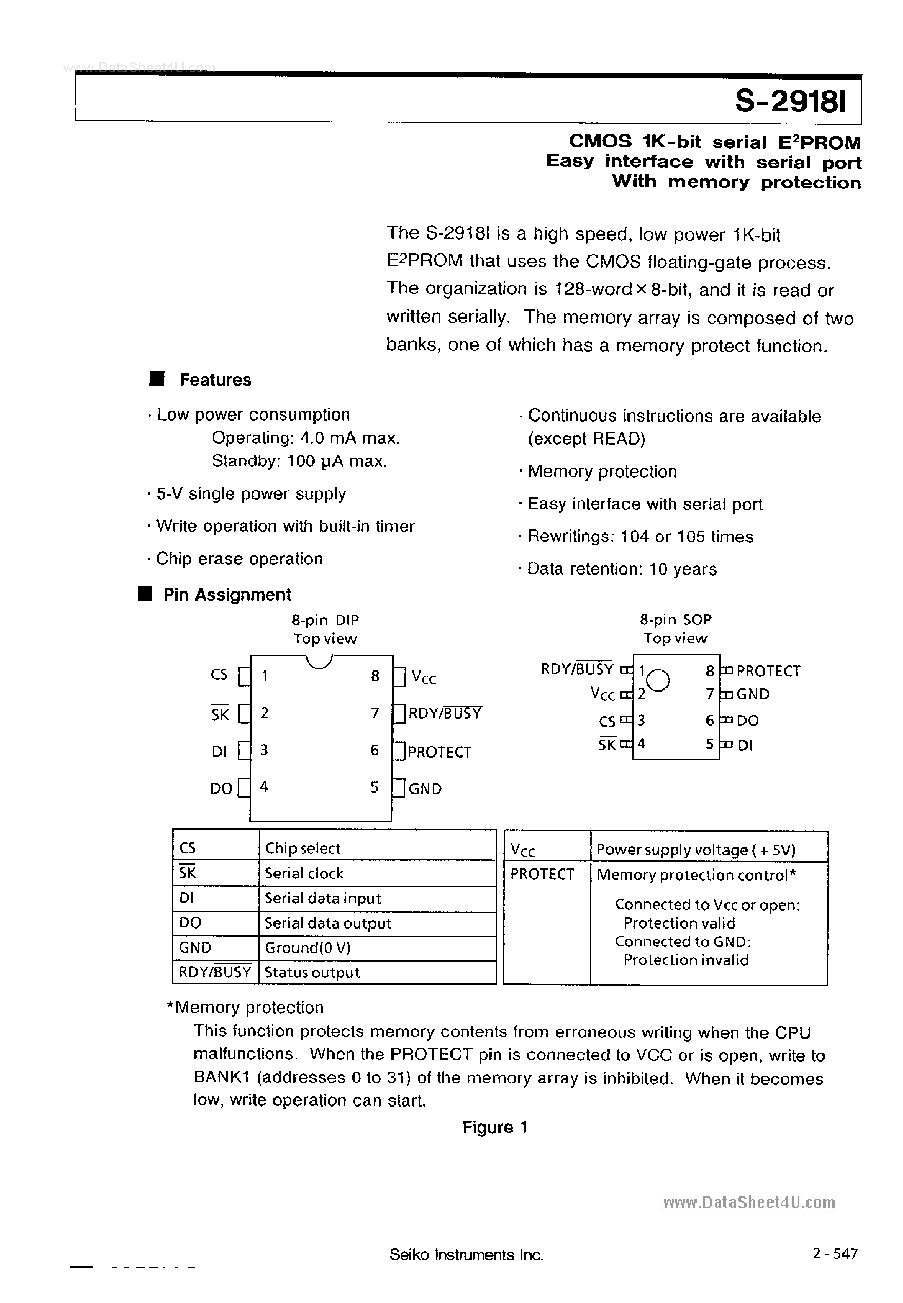 Datasheet S-2918I - CMOS 1K-Bit Serial EPROM Easy Interface page 1