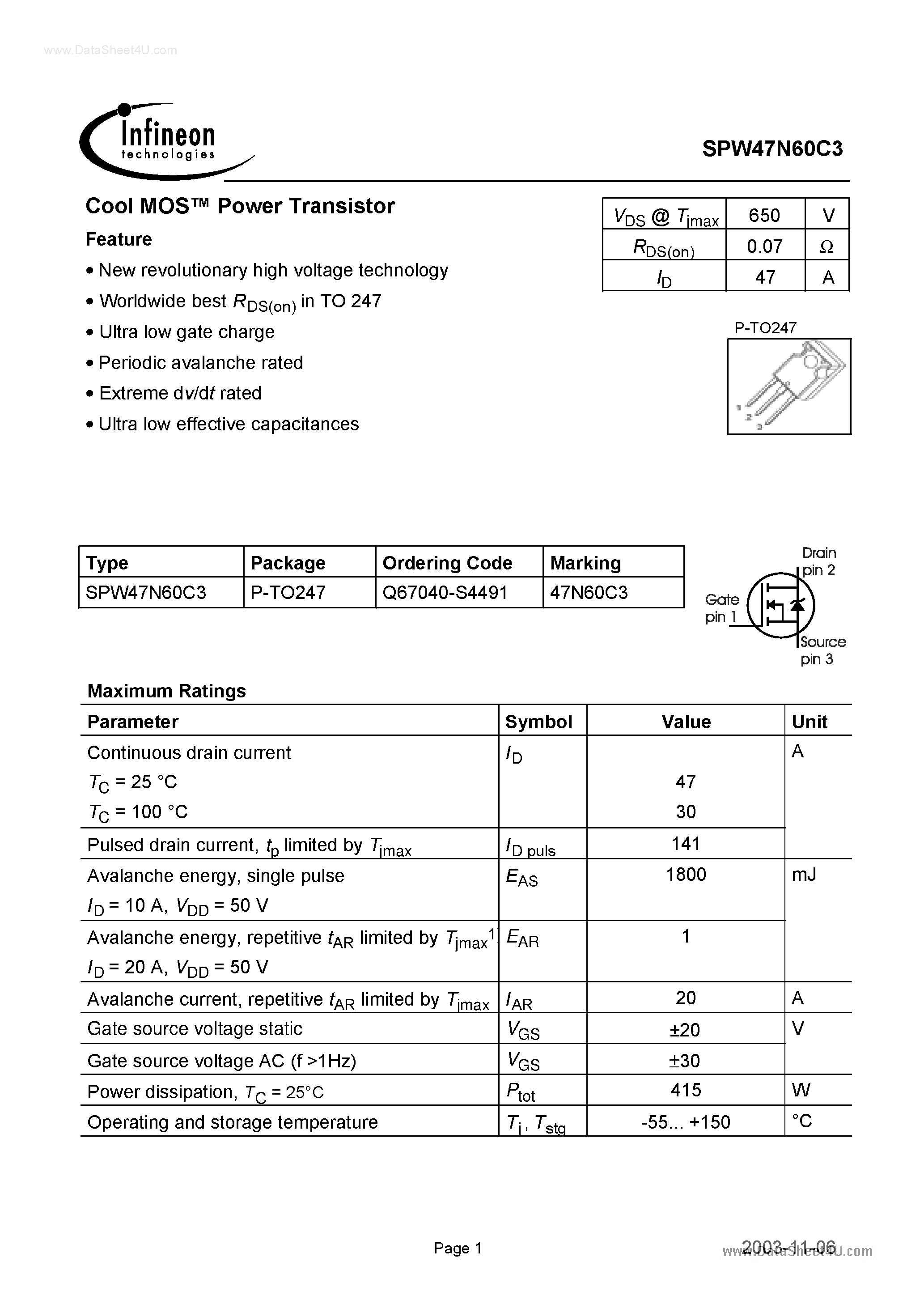Даташит на микросхему 47N60C3 страница 1 Даташит 47N60C3 - Search -----> SPW47N60C3 страница 1