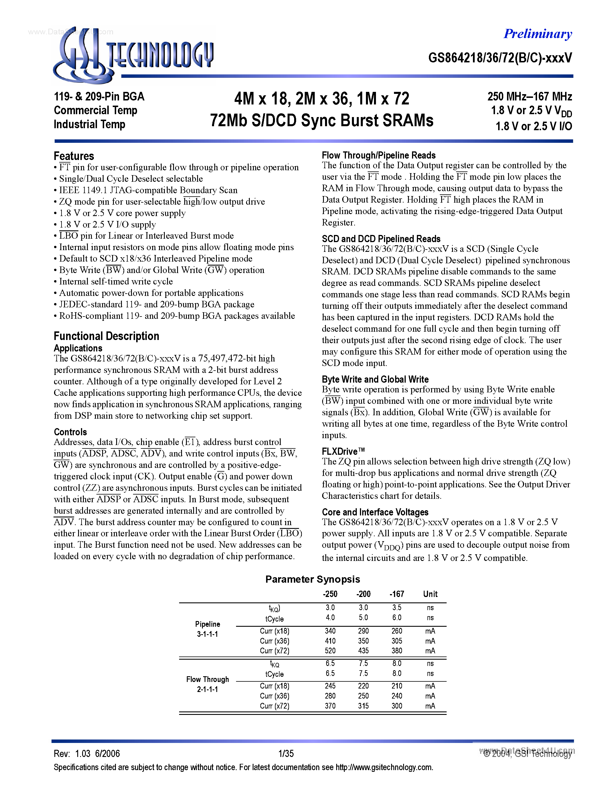 Datasheet GS864218B-xxxV - (GS8642xxB/C-xxxV) 4M x 18 / 2M x 36/ 1M x 72 72Mb S/DCD Sync Burst SRAMs page 1