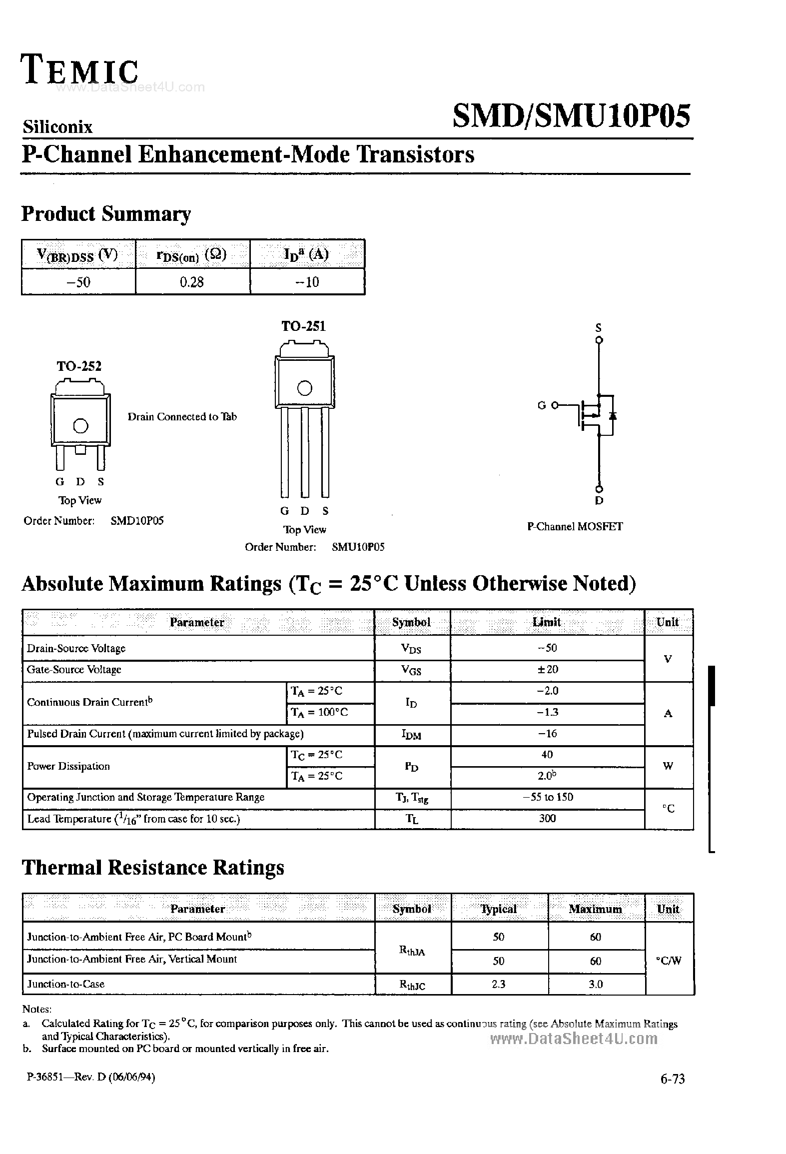 Даташит SMU10P05 - P-Channel Enhancement Mode Transistors страница 1