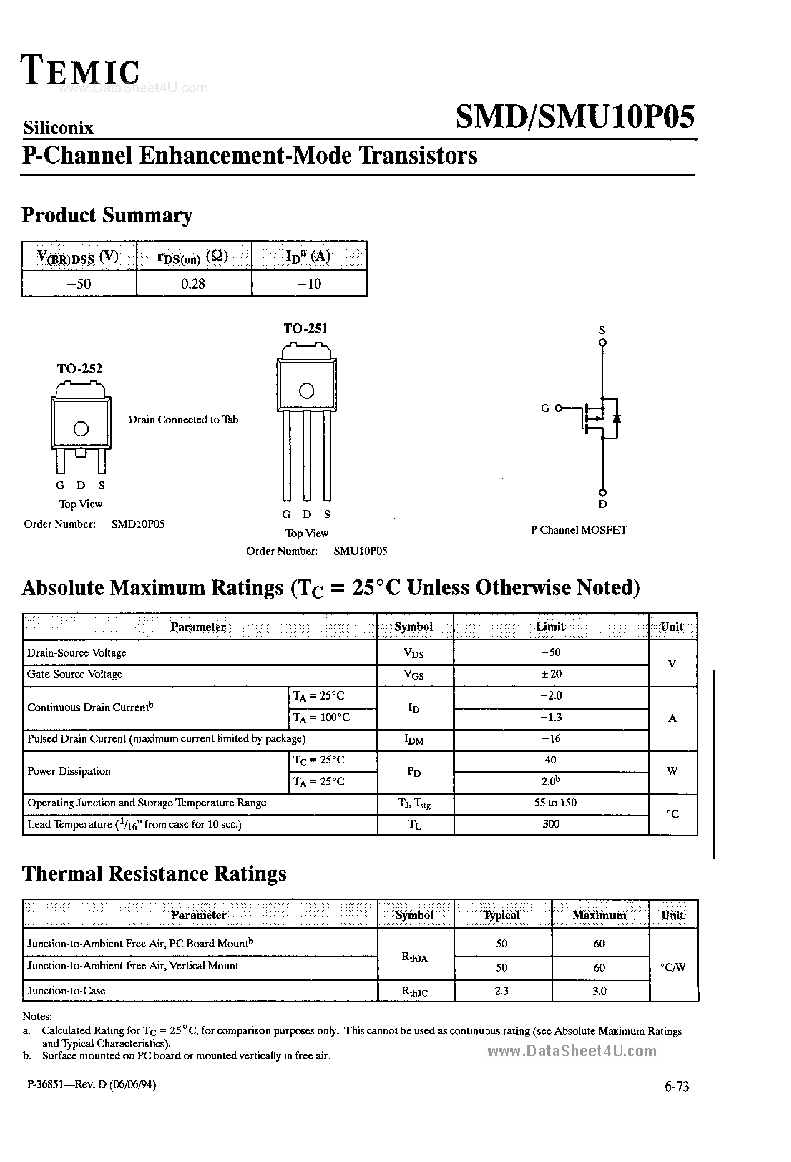 Даташит SMD10P05 - P-Channel Enhancement Mode Transistors страница 1