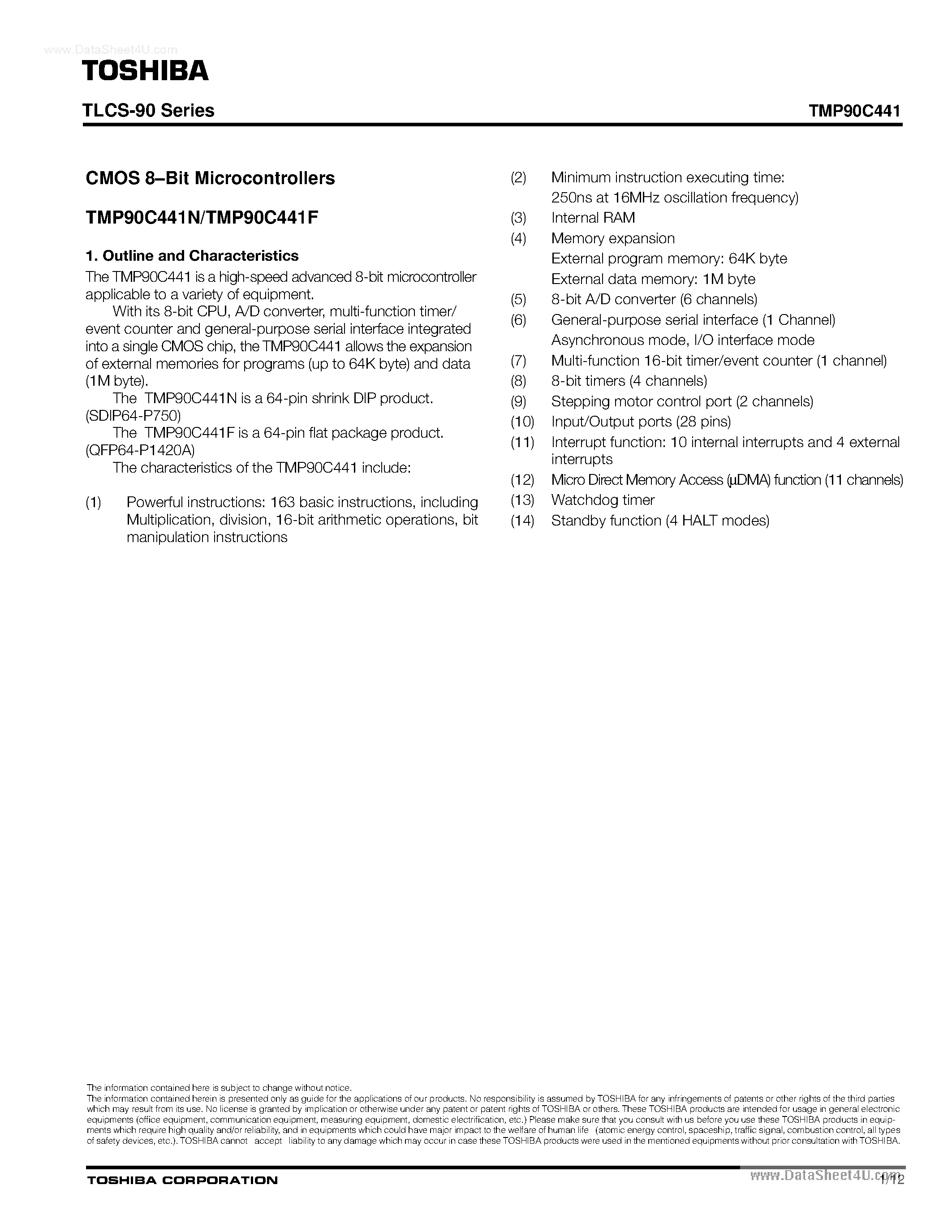 Даташит TMP90C441 - CMOS 8-bit Microcontrollers страница 1