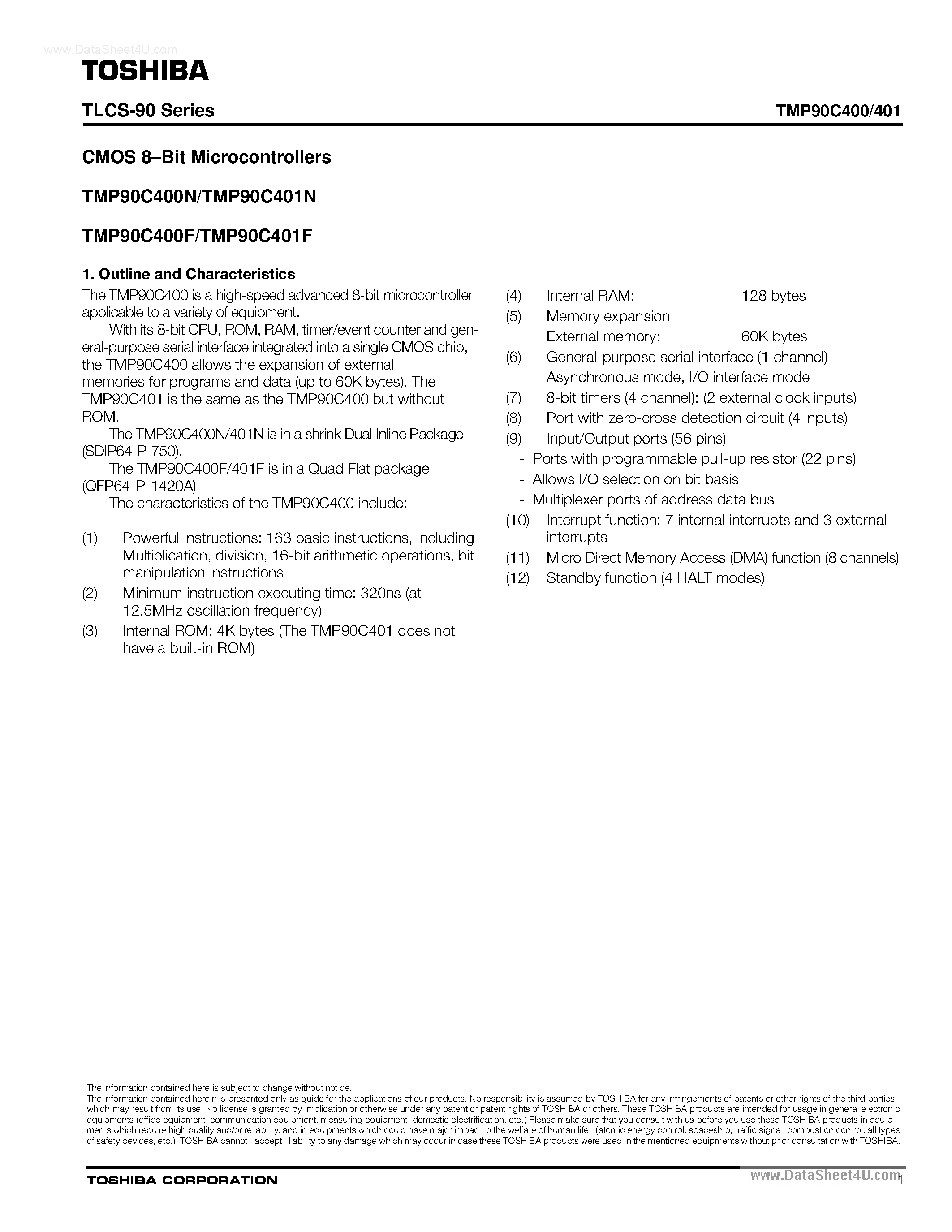 Даташит TMP90C400 - (TMP90C400 / TMP90C401) CMOS 8-bit Microcontrollers страница 1