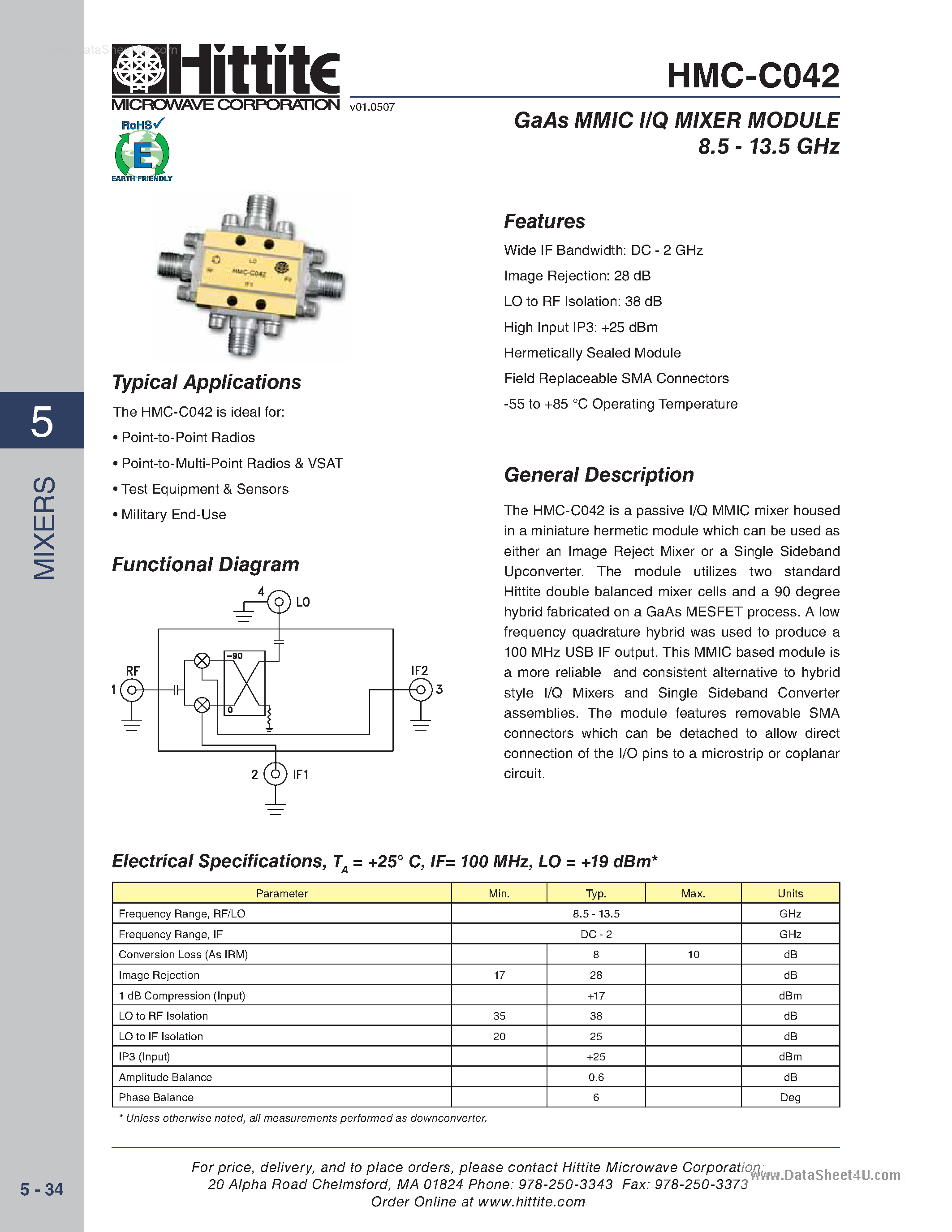 Datasheet HMC-C042 - GaAs MMIC I/Q MIXER MODULE page 1