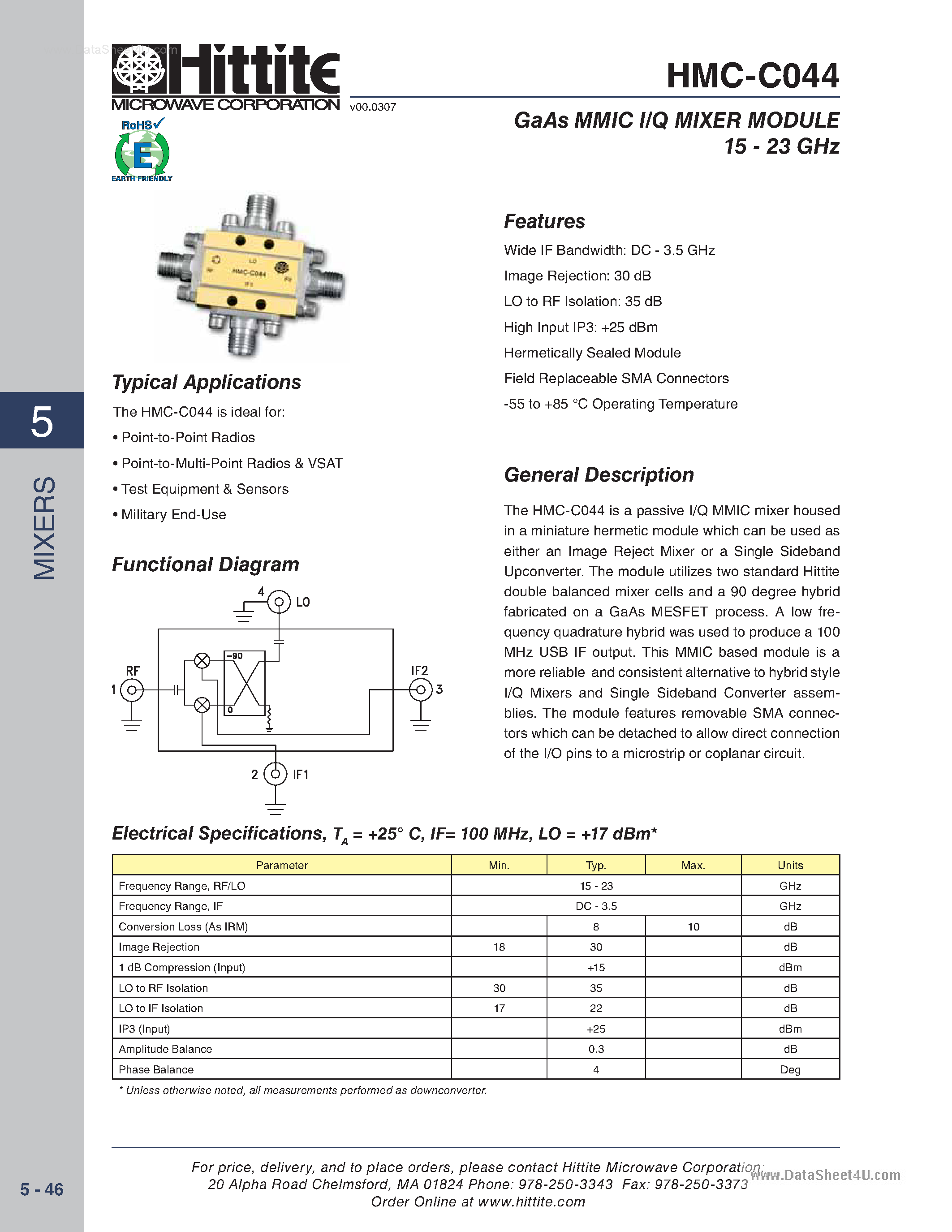 Datasheet HMC-C044 - GaAs MMIC I/Q MIXER MODULE page 1