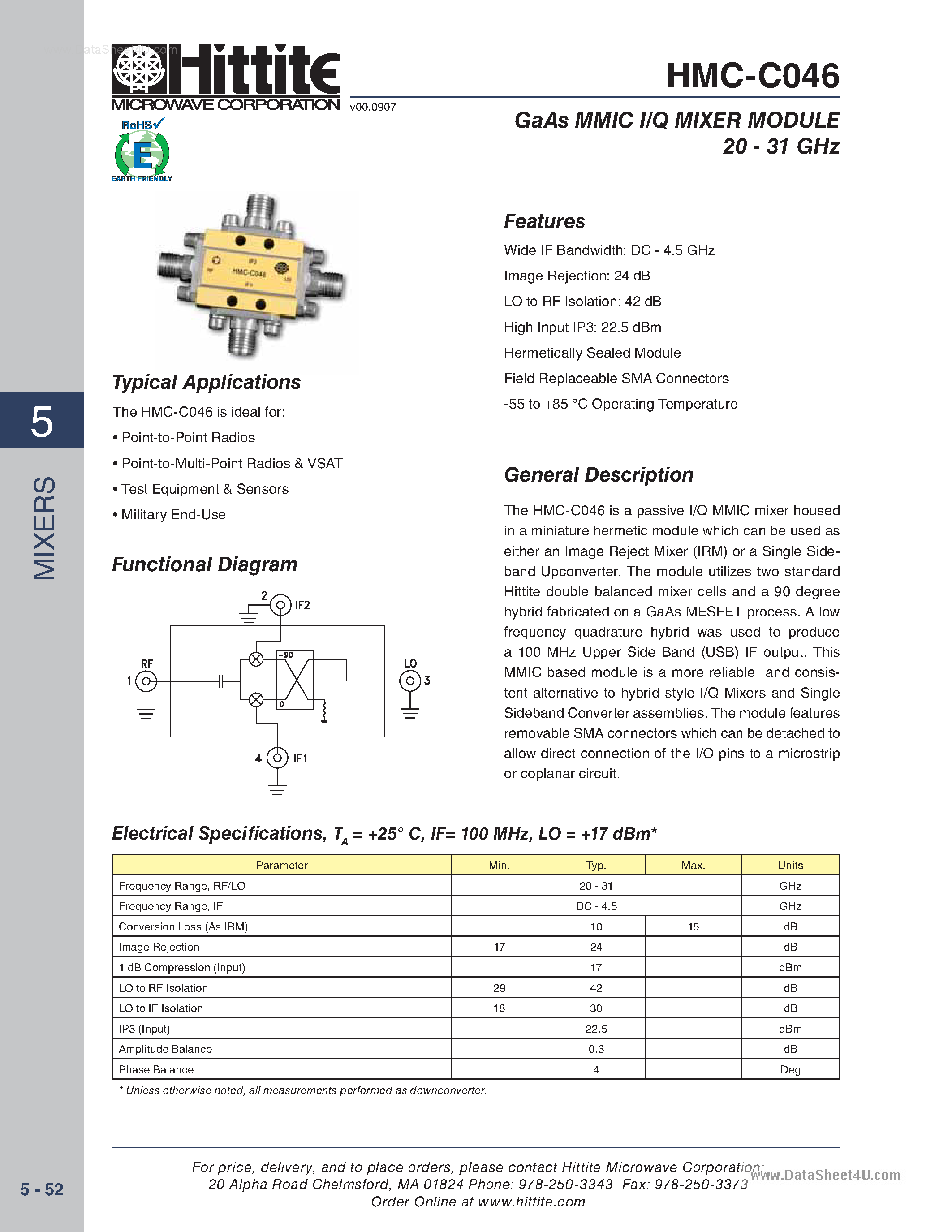 Datasheet HMC-C046 - GaAs MMIC I/Q MIXER MODULE page 1