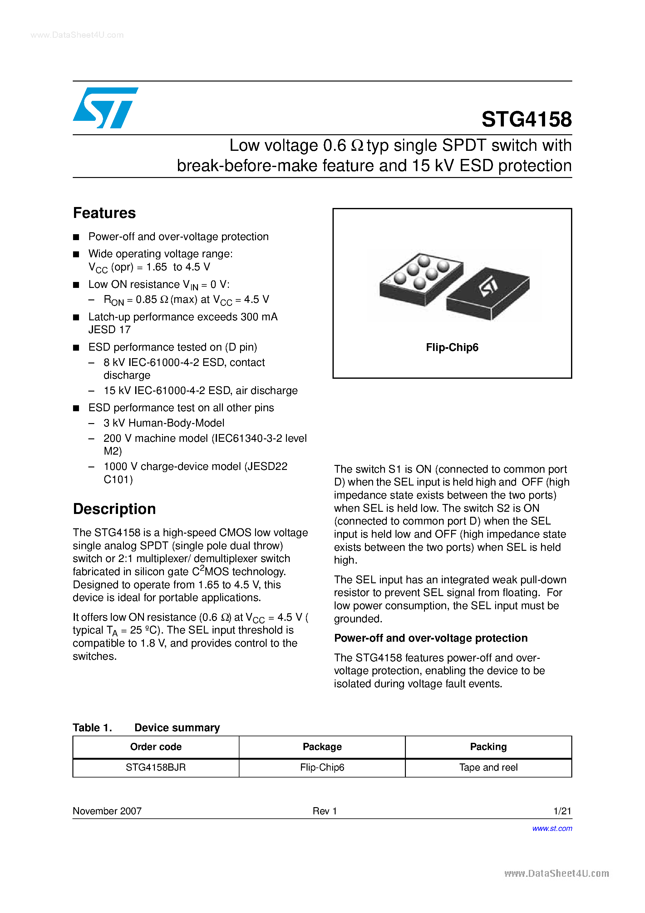 Даташит STG4158 - Low voltage 0.6 ohm typ single SPDT switch страница 1