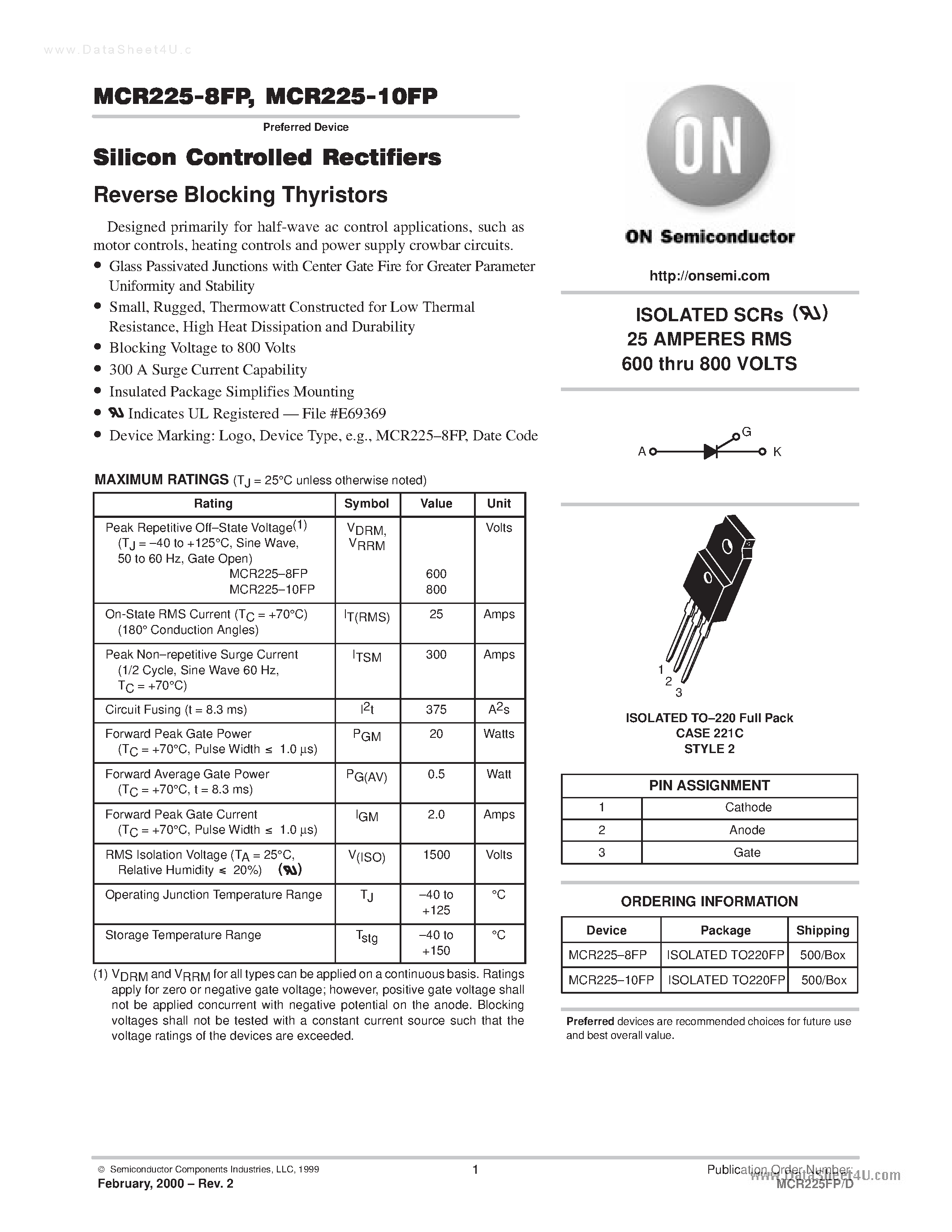 Даташит MCR225-10FP - ISOLATED SCRs 25 AMPERES RMS 600 thru 800 VOLTS страница 1