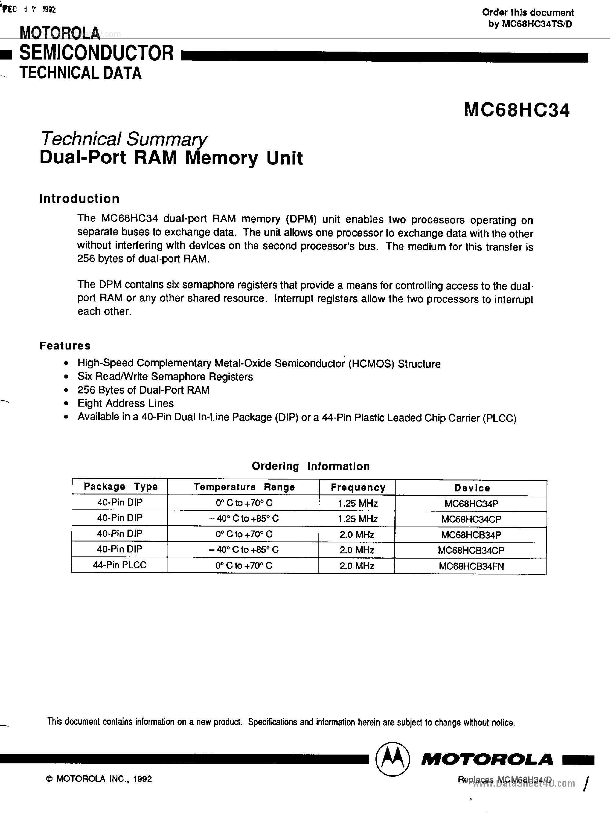 Datasheet MC68HC34 - Dual Port RAM Memory Unit page 1