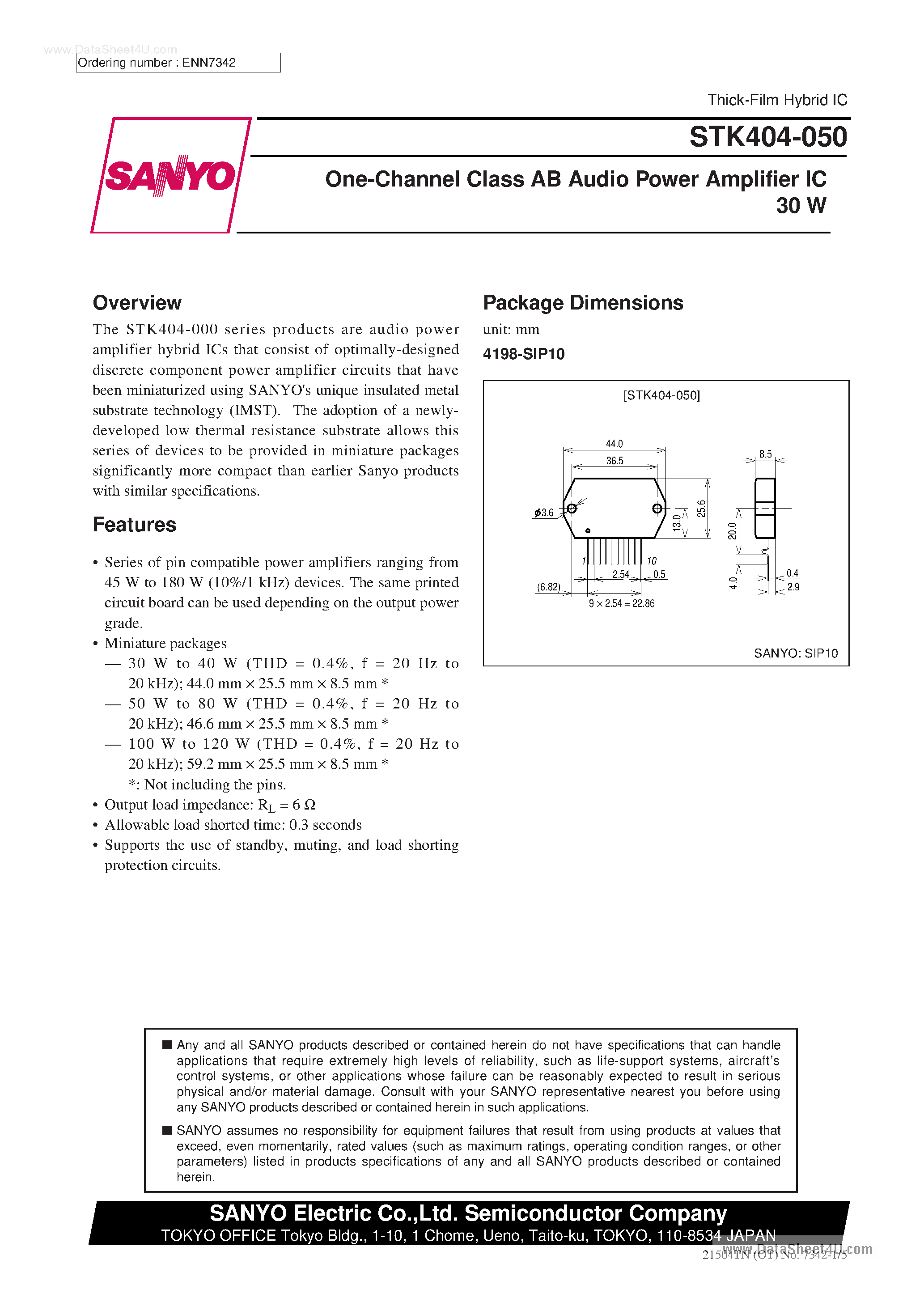 Datasheet STK404-050 - 1-Channel Class AB Audio Power Amplifier IC page 1