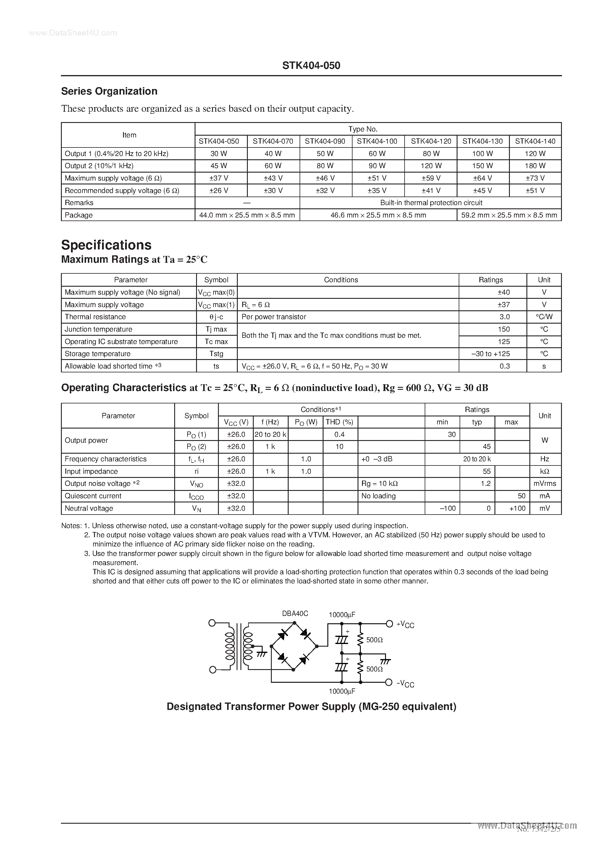 Datasheet STK404-050 - 1-Channel Class AB Audio Power Amplifier IC page 2