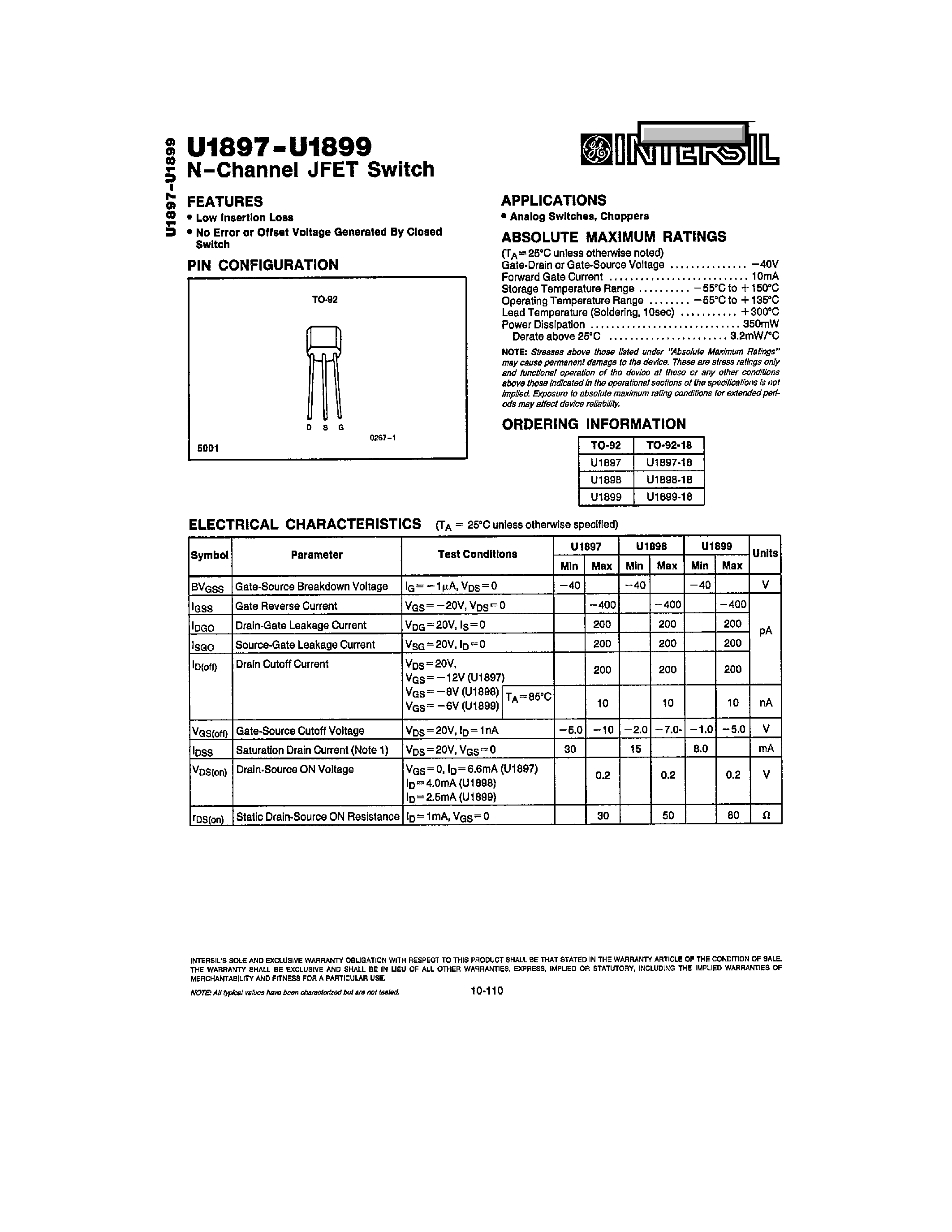 Даташит U1897 - (U1897 - U1899) N-Channel JFET Switch страница 1